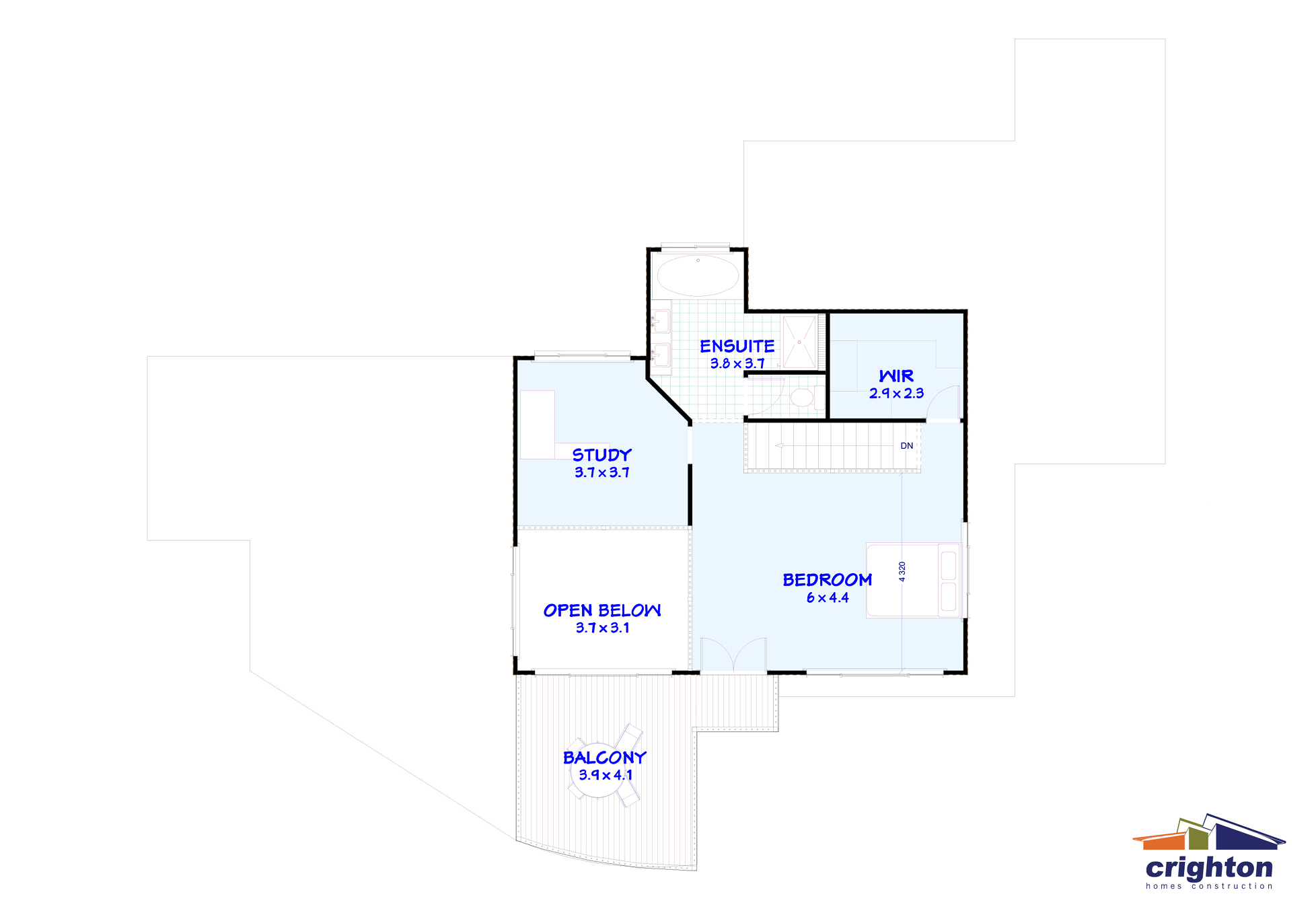 Floor plan of a residential upper level including a bedroom, walk-in closet, study, ensuite bathroom, balcony, and an open space below.