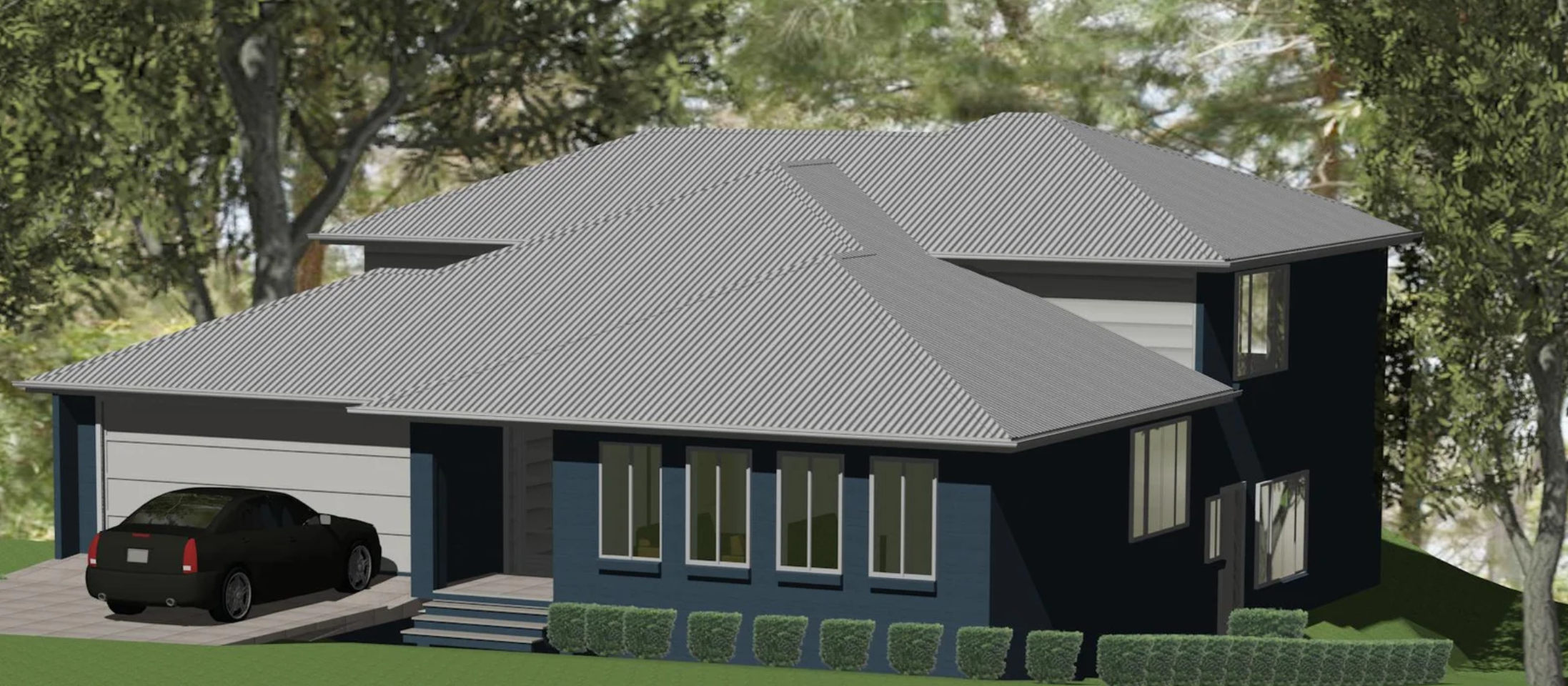 A modern two-story house with a dark exterior and large windows, a gray metal roof, a front porch with steps, a driveway with a black car, and surrounded by green trees and bushes.