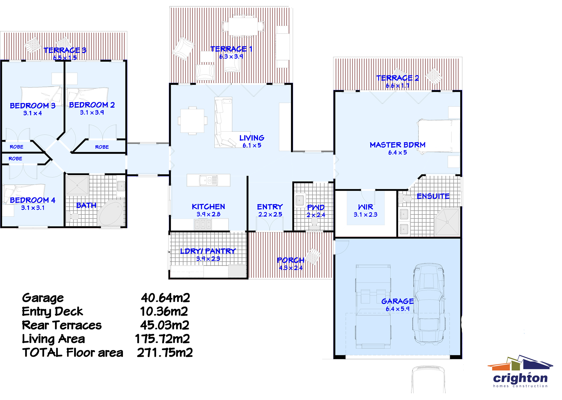 Floor plan of a house with labeled rooms including three bedrooms, two bathrooms, a living room, kitchen, laundry/pantry, porch, and three terraces, with measurements and area details.