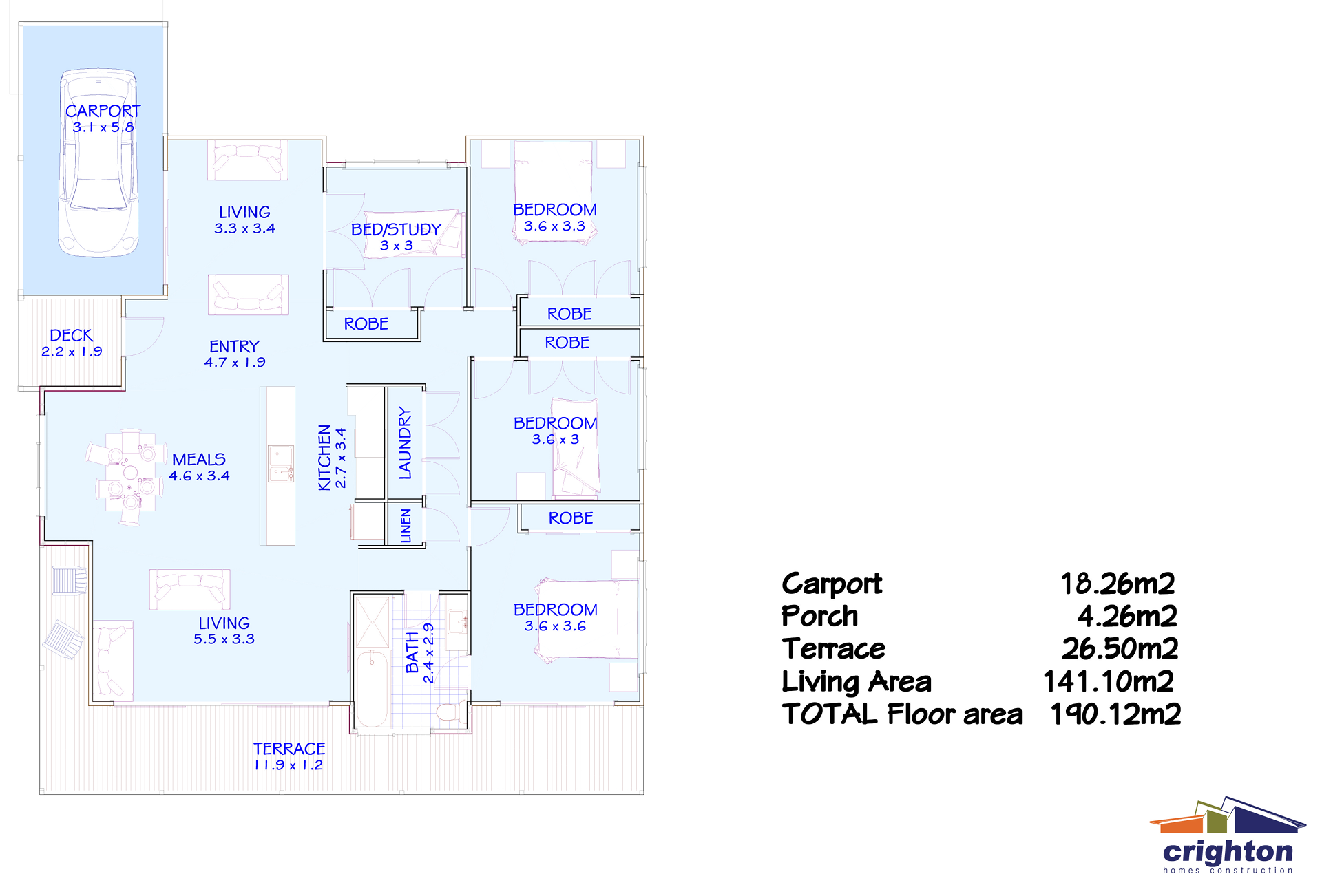 Floor plan of a house showing various rooms including living rooms, bedrooms, kitchen, bathroom, laundry, entry, and outdoor areas like deck and terrace.