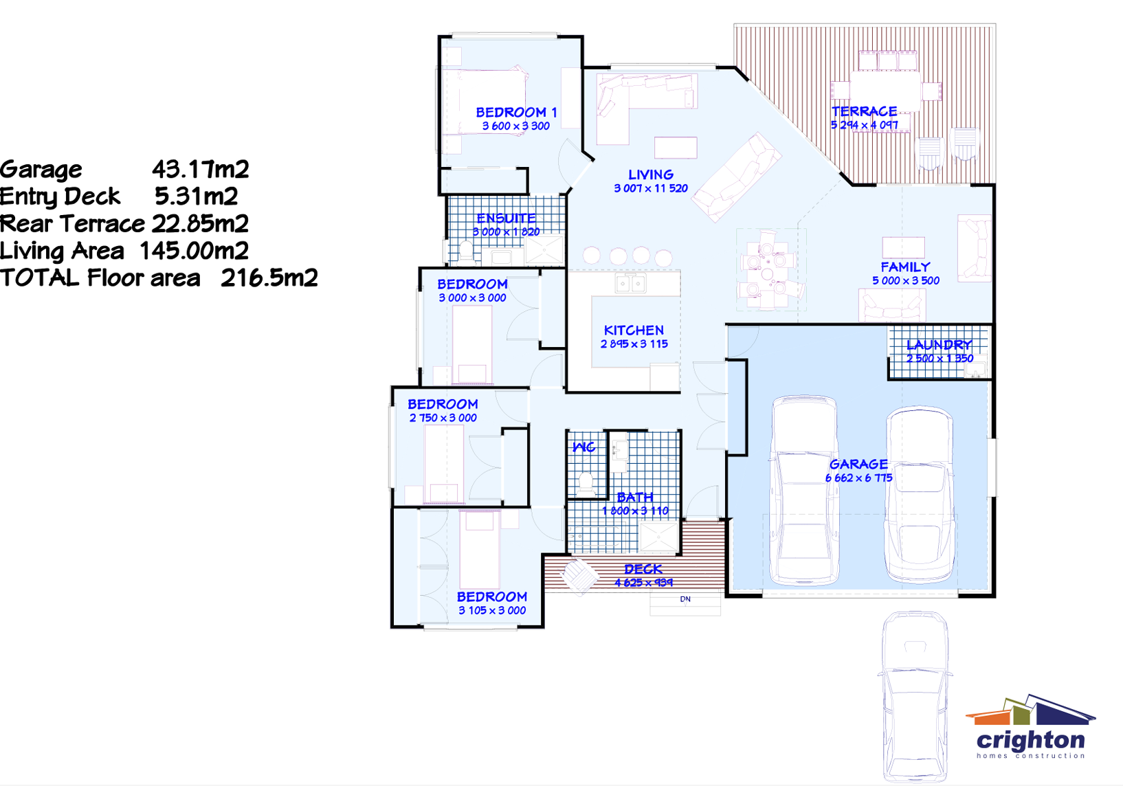 Floor plan of a house showing various rooms including four bedrooms, two bathrooms, living area, kitchen, laundry, garage, terrace, and entry deck with dimensions and a logo in the bottom right corner.
