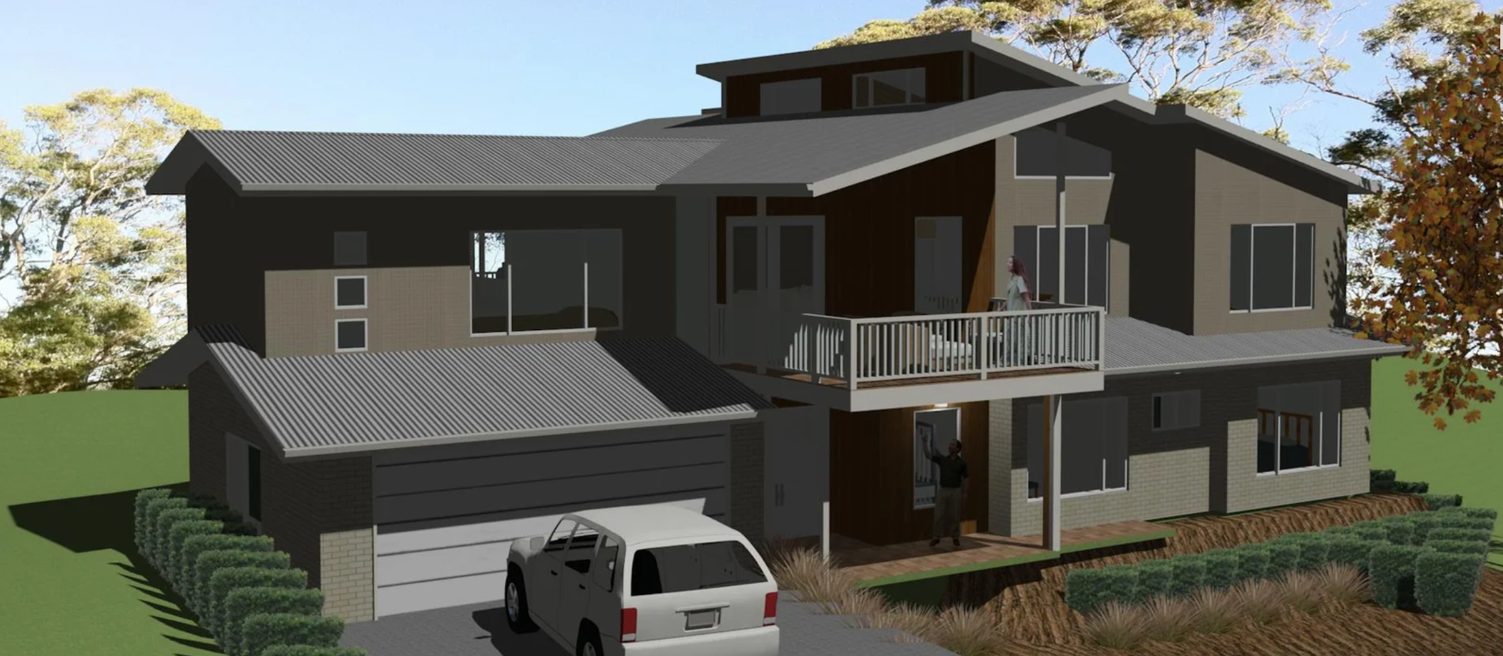 A modern multi-story house with a garage, driveway, and outdoor balcony, with trees and a woman on the balcony and a man standing near the entrance.
