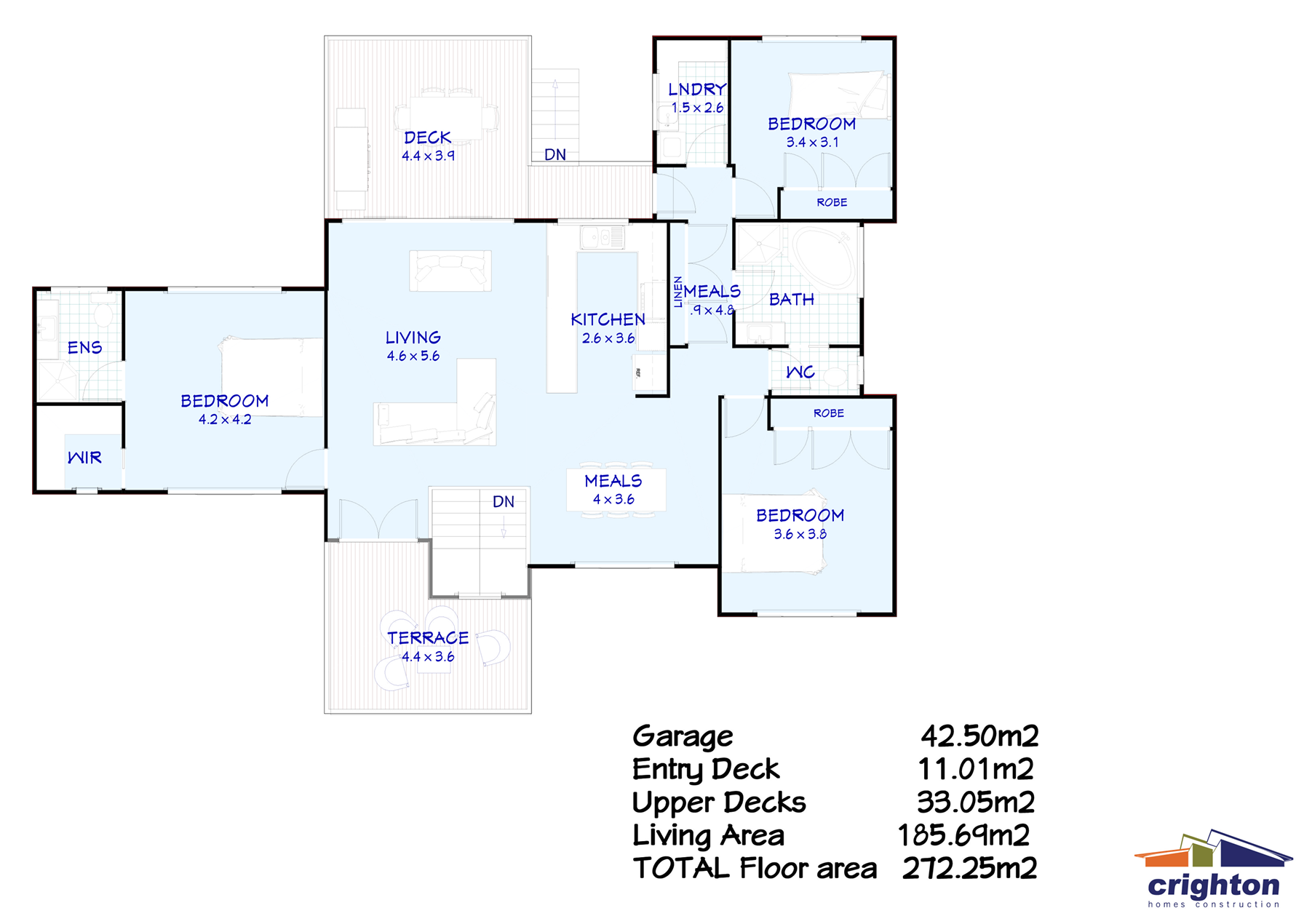 Floor plan of a house showing a garage, entry deck, living room, kitchen, bedrooms, bathrooms, laundry room, terrace, and decks, with detailed room dimensions and labels.