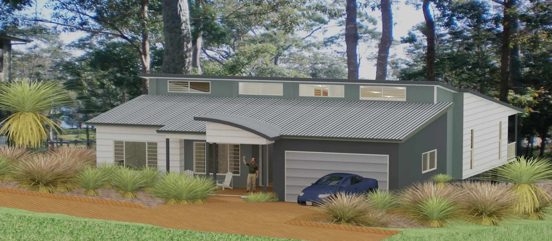 A modern two-story house with a grey metal roof and a car parked in the driveway, surrounded by landscaped plants and trees.