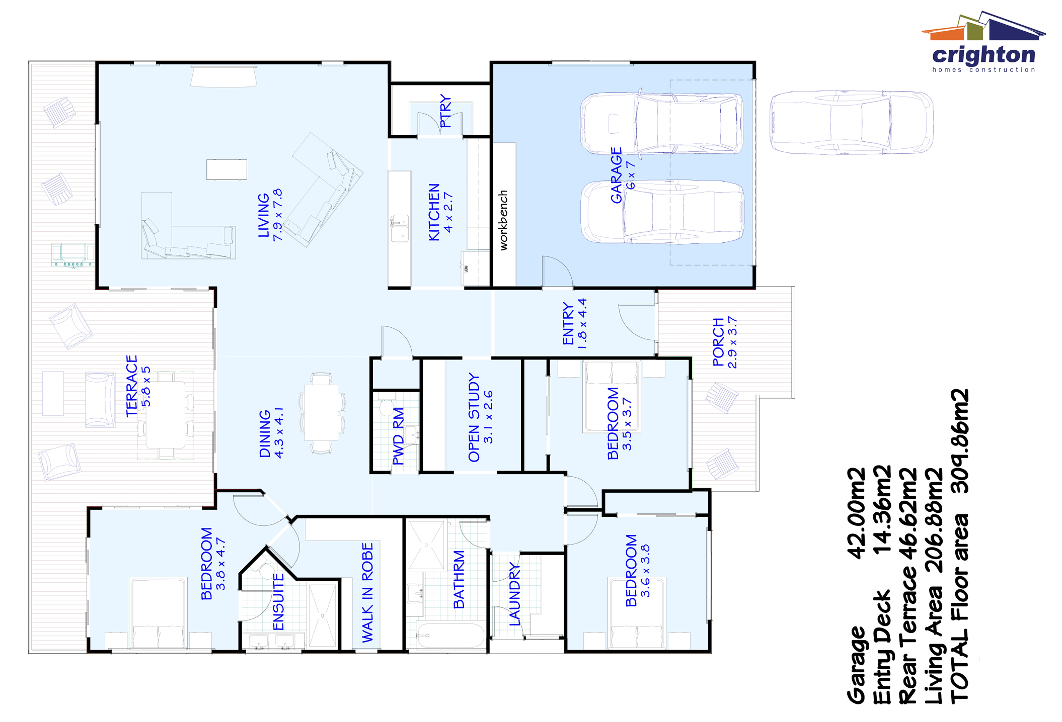 Floor plan of a house with labeled rooms including a garage, entry porch, open study, bedrooms, bathrooms, living room, kitchen, dining area, and outdoor terraces. The house details and measurements are noted, with a logo for Brighton Homes Construct
