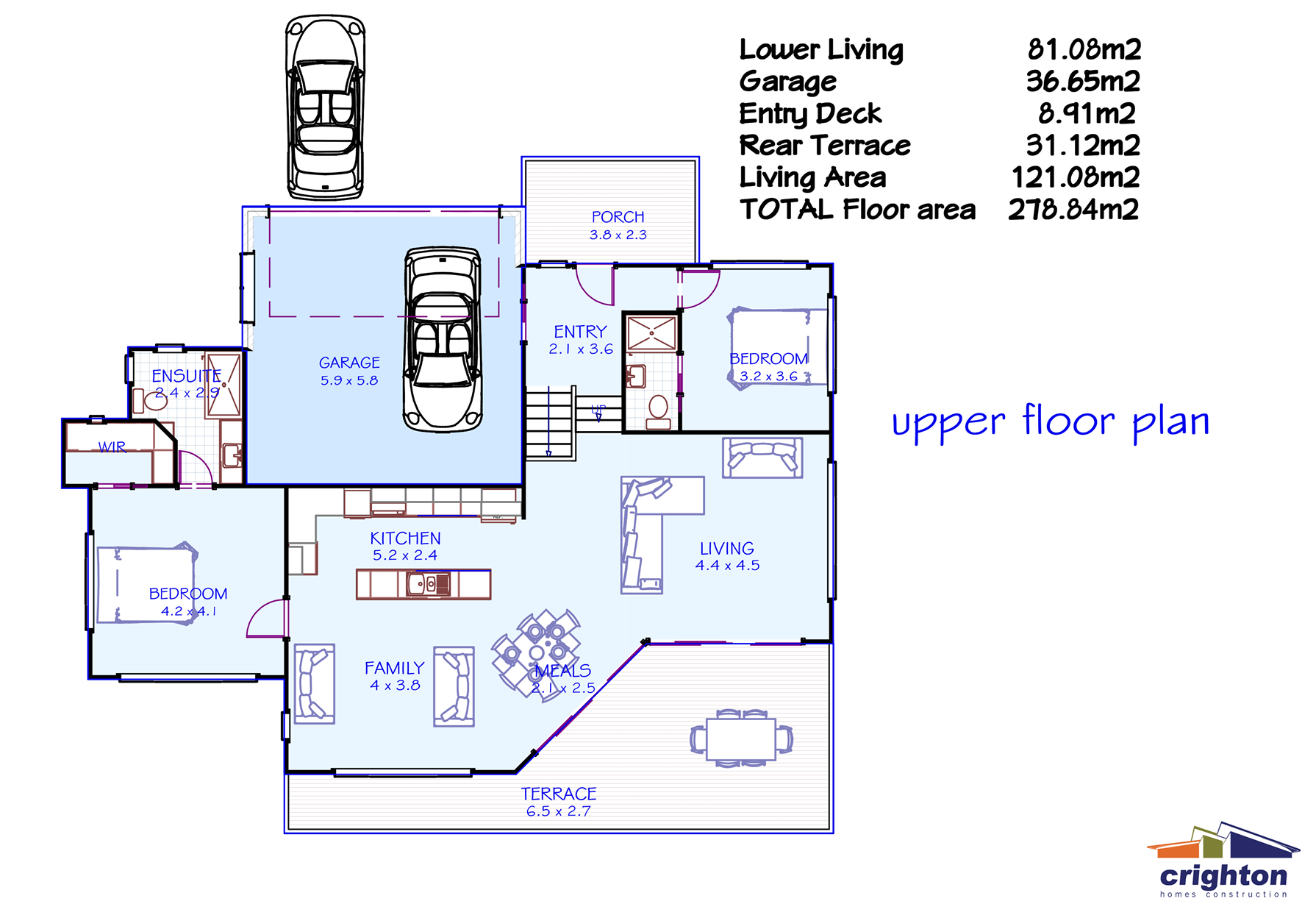 Upper floor plan of a house, showing bedrooms, kitchen, living room, dining area, family room, bathroom, porch, terrace, garage, and entry deck, with area measurements in square meters.