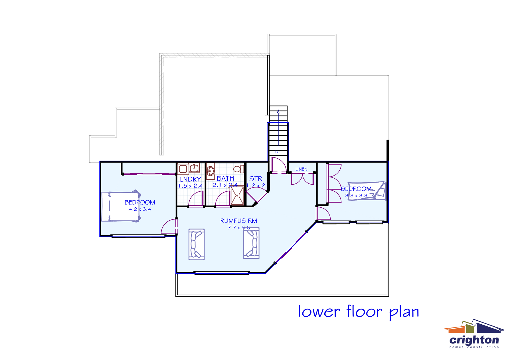 Floor plan showing a lower level with two bedrooms, a bathroom, laundry, storage, rumpus room, and stairs, with doors, windows, and room dimensions labeled.