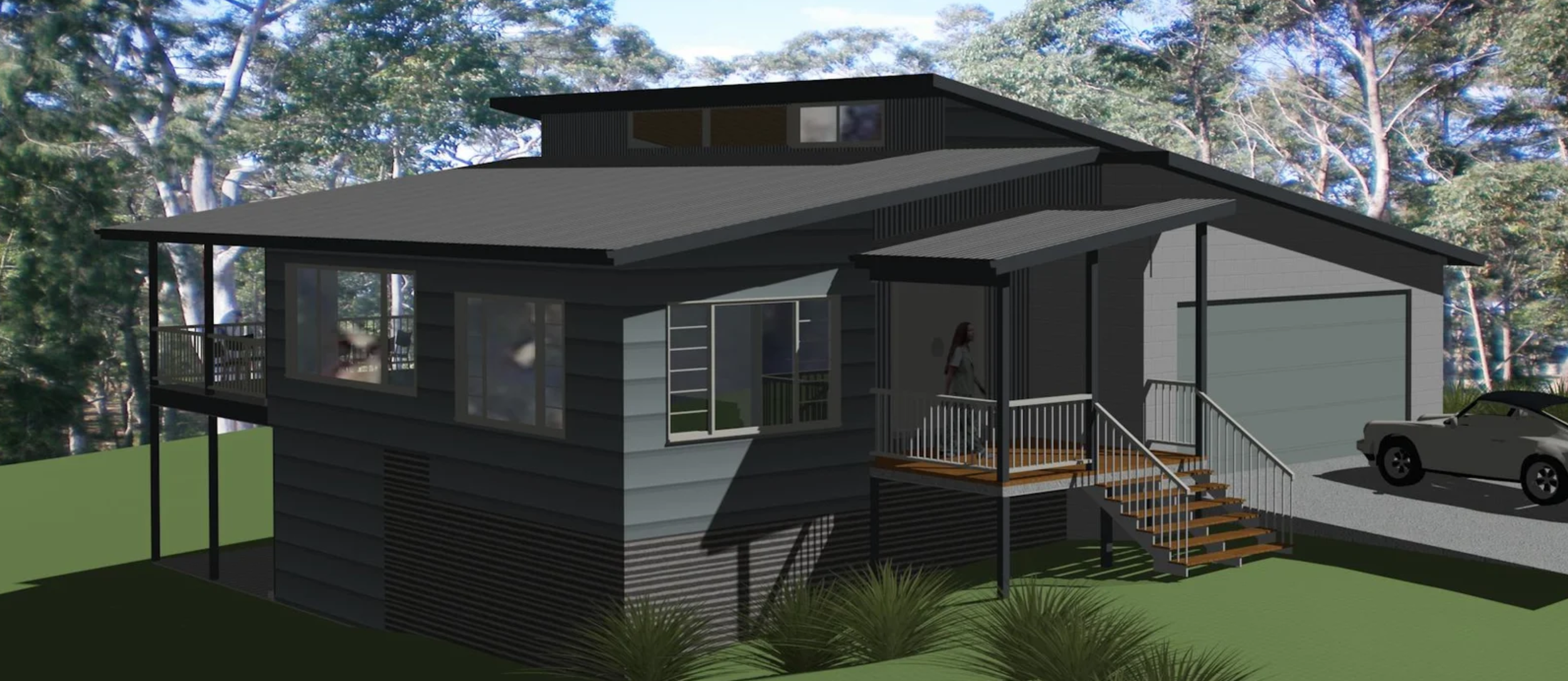 A modern two-story house with dark gray siding, large windows, and a front porch with stairs. There is a car parked in the driveway and trees in the background.