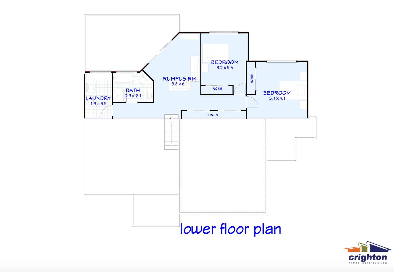 Lower floor plan of a house showing two bedrooms, a bathroom, a laundry room, a rumpus room, and a linen closet, with labeled dimensions, stairs, and a copyright logo.
