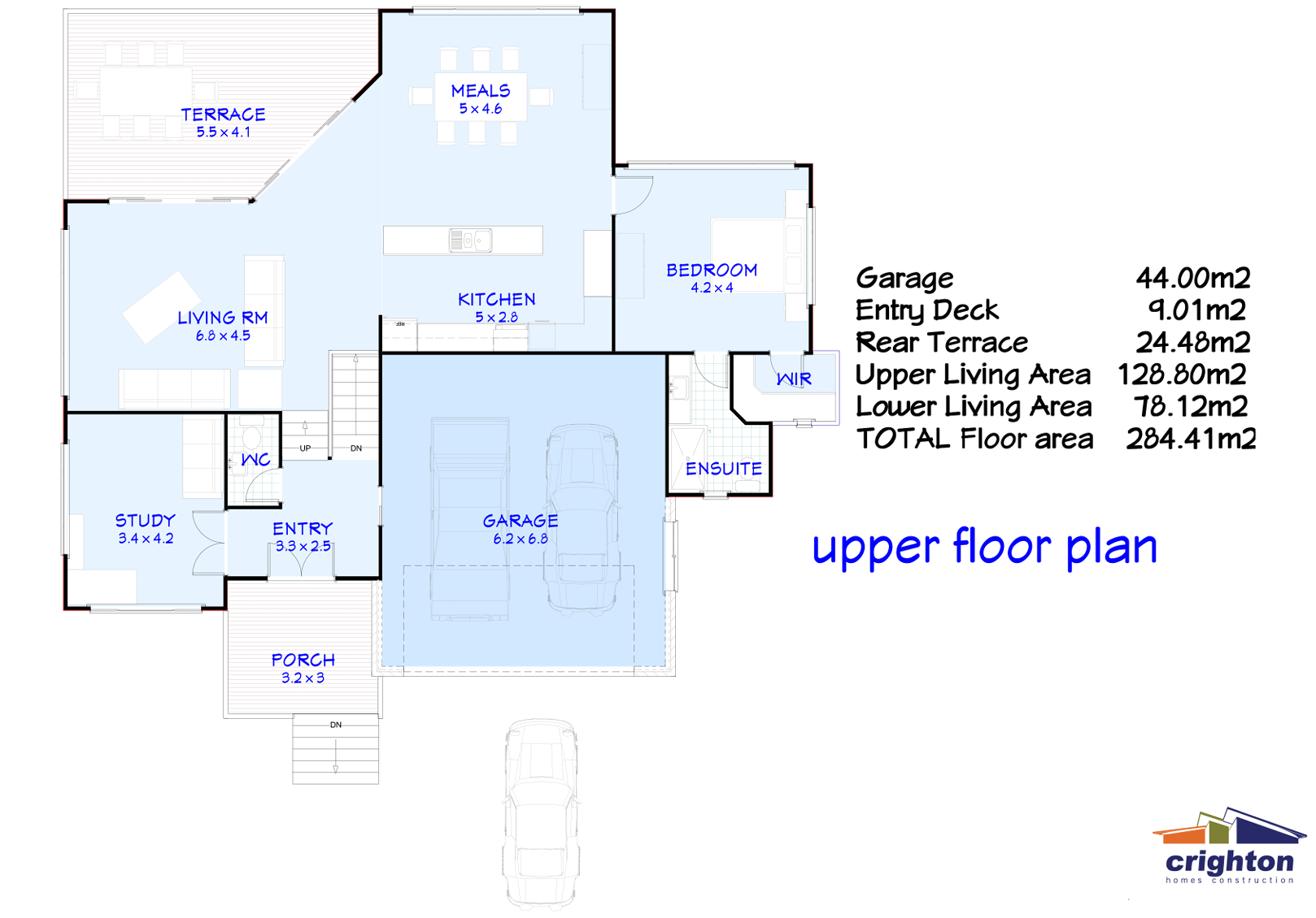 Upper floor plan of a house showing rooms labeled as bedroom, living room, study, kitchen, and garage, along with porch, entry deck, rear terrace, and various measurements for each space.