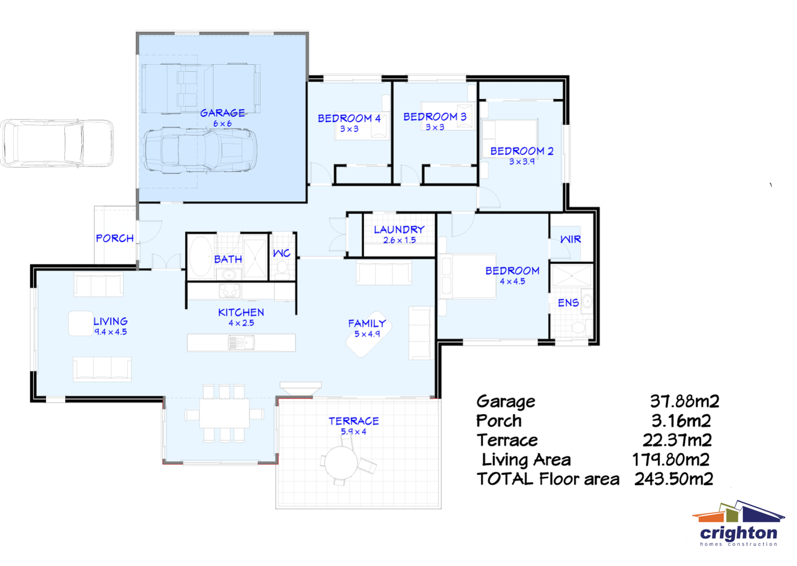 Floor plan of a house with labeled rooms including garage, porch, terrace, living room, kitchen, family room, laundry, bathroom, three bedrooms, walk-in closet, two ensuites, and parking for two cars.