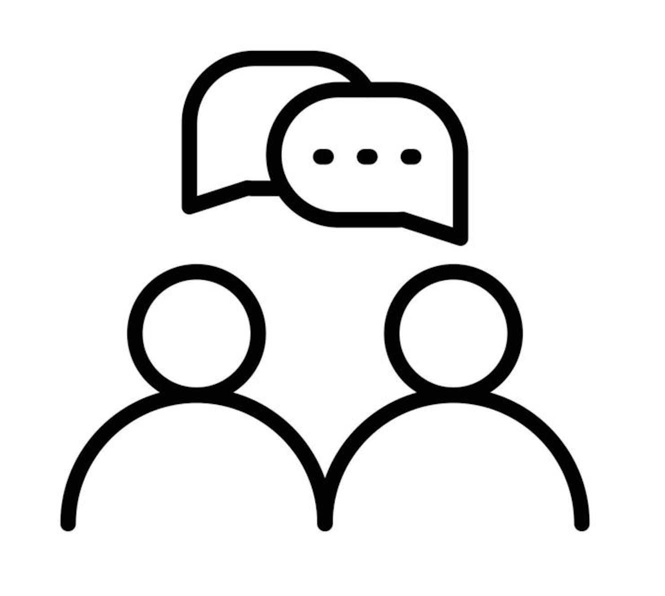 Outline of two people with chat bubble speech icons above them, indicating conversation or communication.