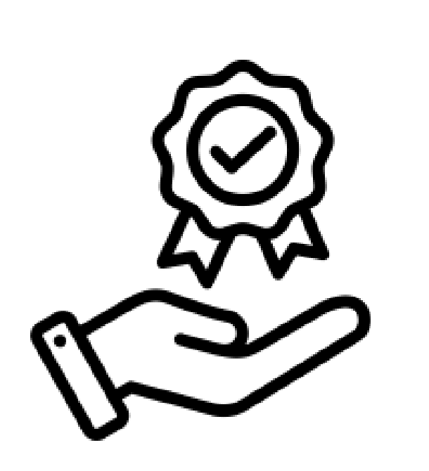 Line drawing of a hand holding a certification badge with a checkmark.