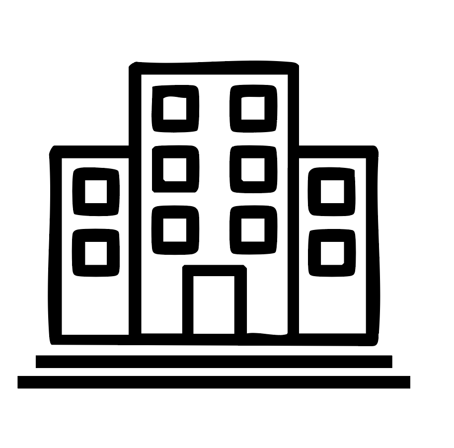 Black and white line drawing of a multi-story apartment building with multiple windows and a central entrance, with steps leading to the door.