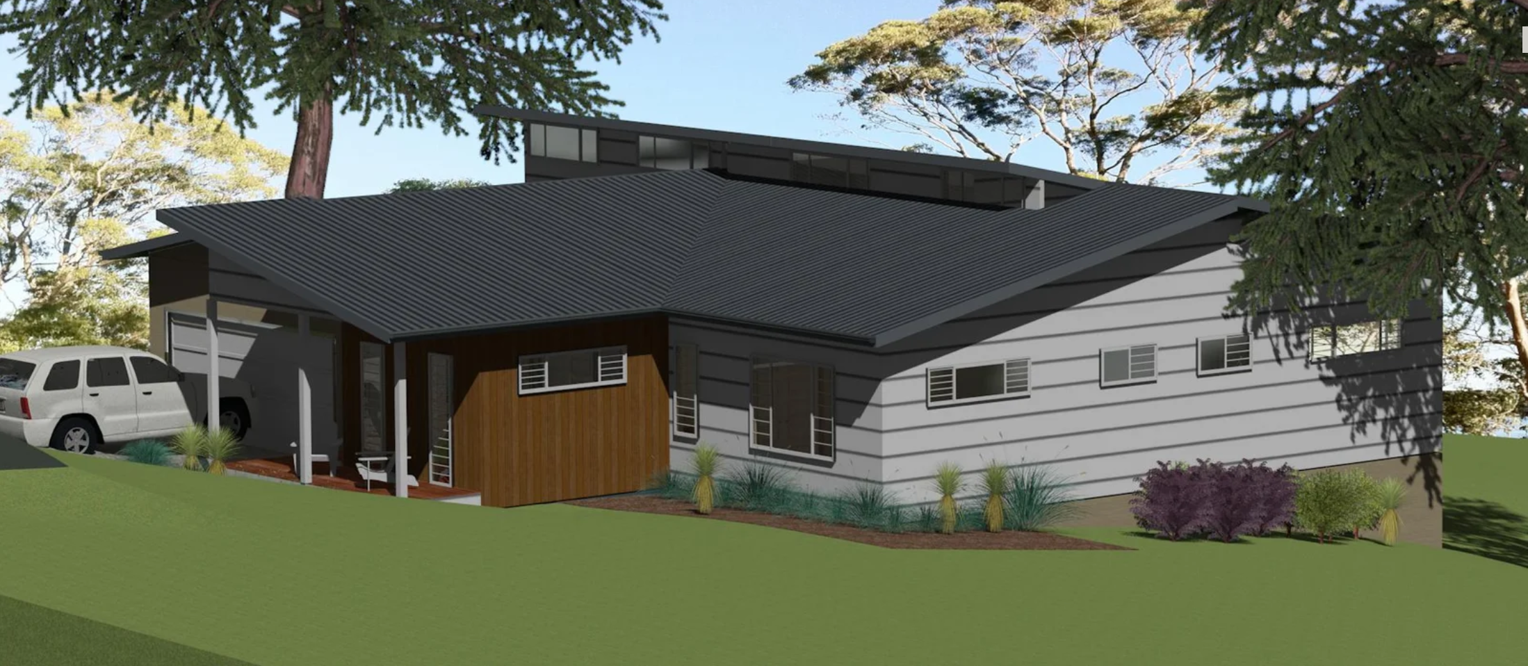 A modern, multi-level house with a metal roof, white siding, and a wooden accent wall near the front door. There is a driveway with an SUV parked, and some landscaping with plants and shrubs in front.