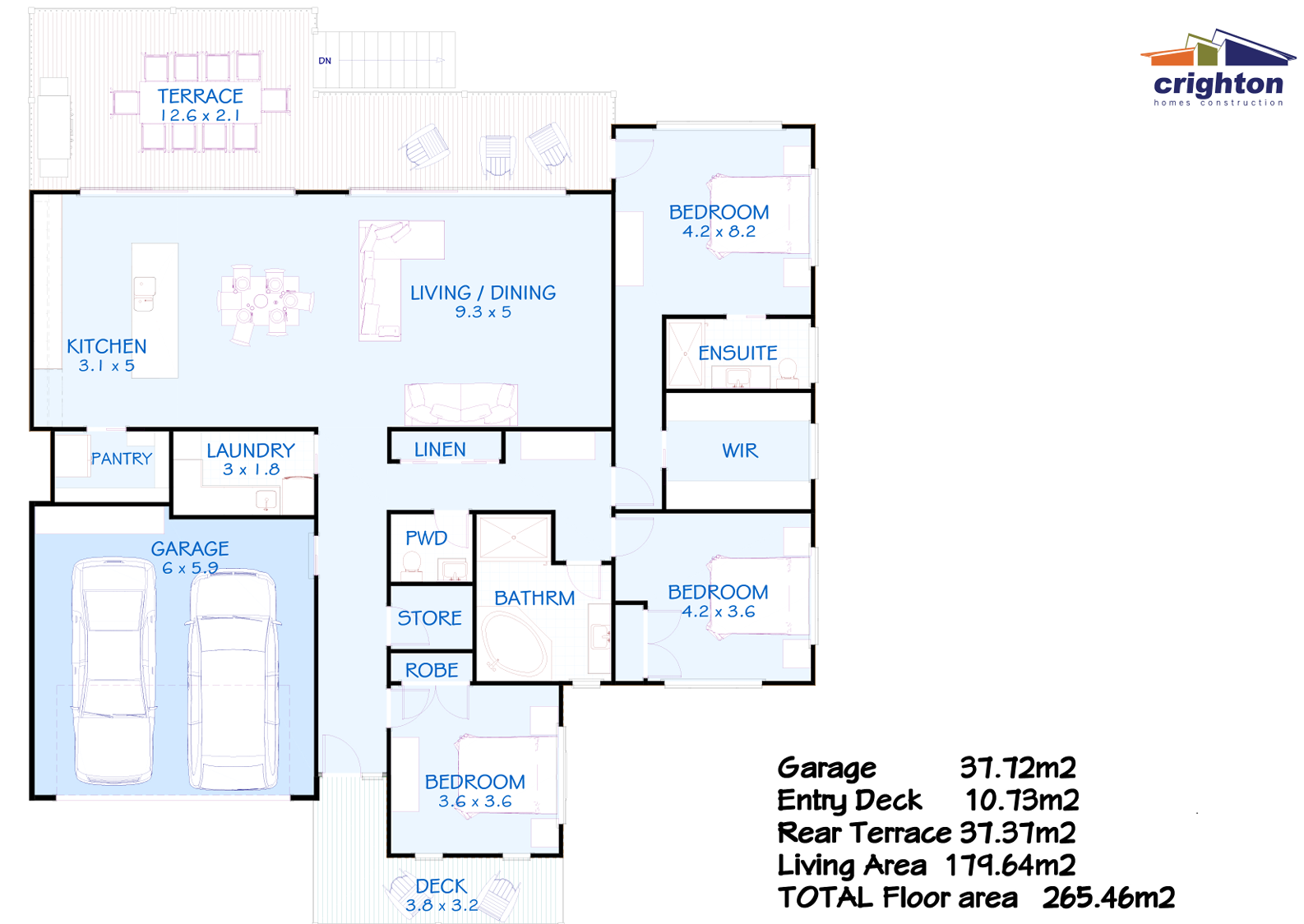 Floor plan of a house showing rooms such as garage, bedrooms, bathroom, living/dining area, kitchen, laundry, pantry, linen closet, store room, deck, and rear terrace, with measurements and labels.