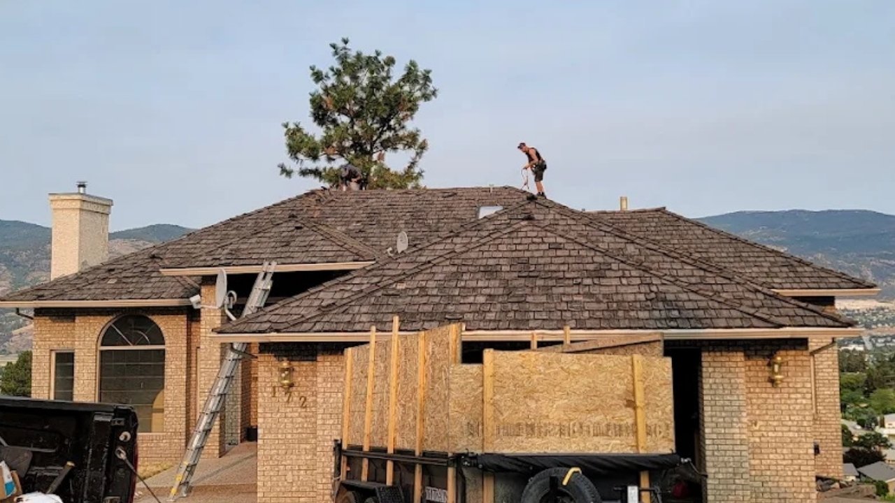 Roofing project in progress with underlayment partially installed.