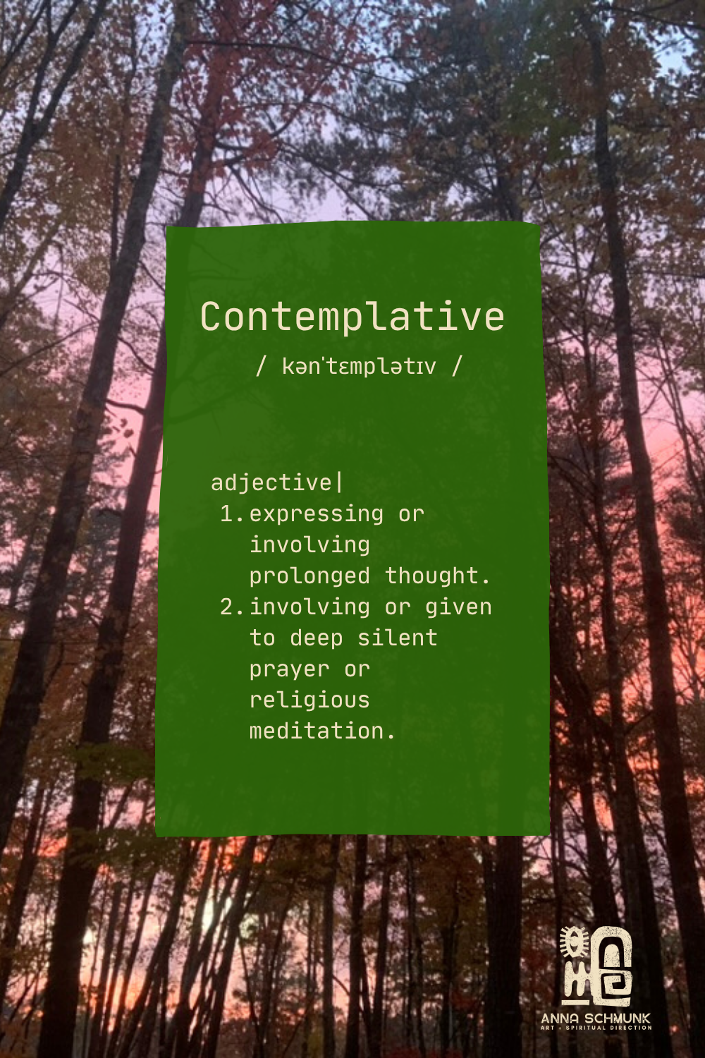 A definition of the word contemplative - adjective, expressing or involving prolonged thought or involving or given to deep silent prayer or religious meditation.