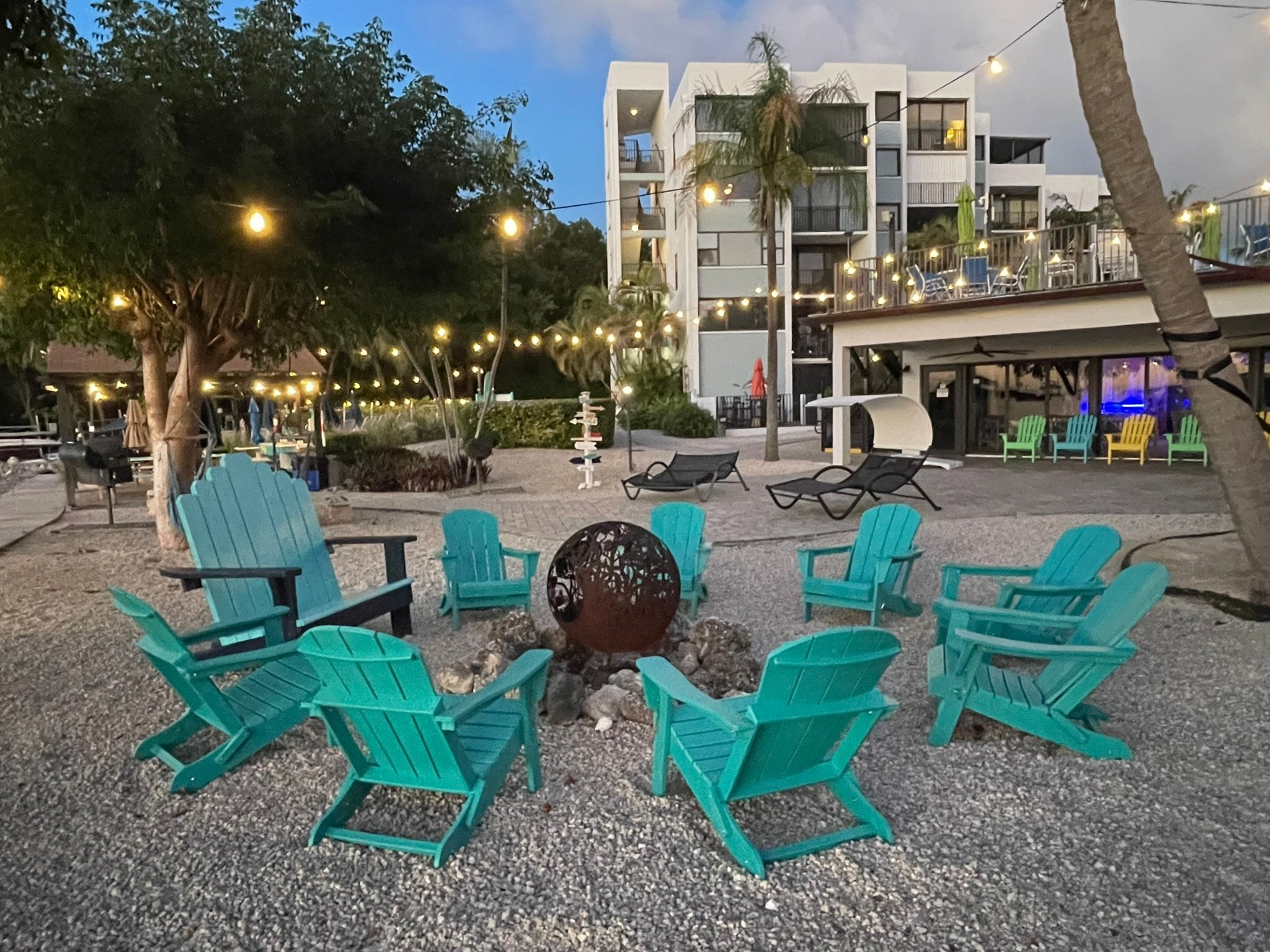 Enjoy the waterfront fire pit at Moon Bay in Key Largo, one of the many resort-style amenities available to guests at Sunsets and Turtles, overlooking beautiful Blackwater Sound.