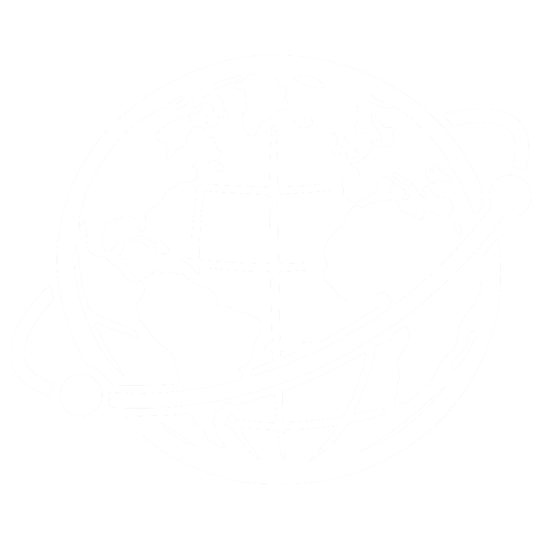 Black and white illustration of a globe with continents and meridian lines, surrounded by an orbit with a small circle on the right side.