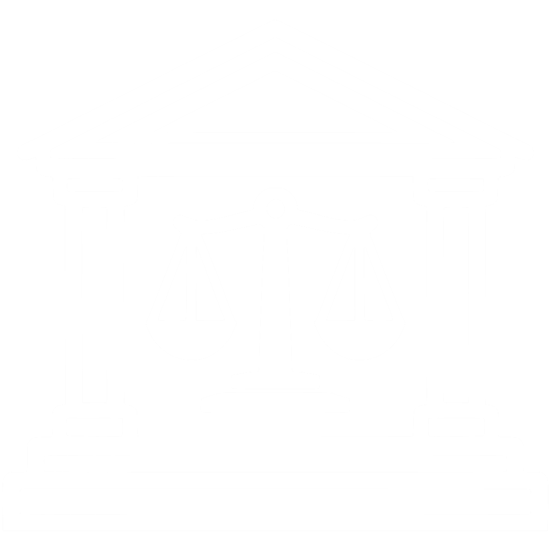 White icon of a courthouse with scales of justice in front, set against a black background