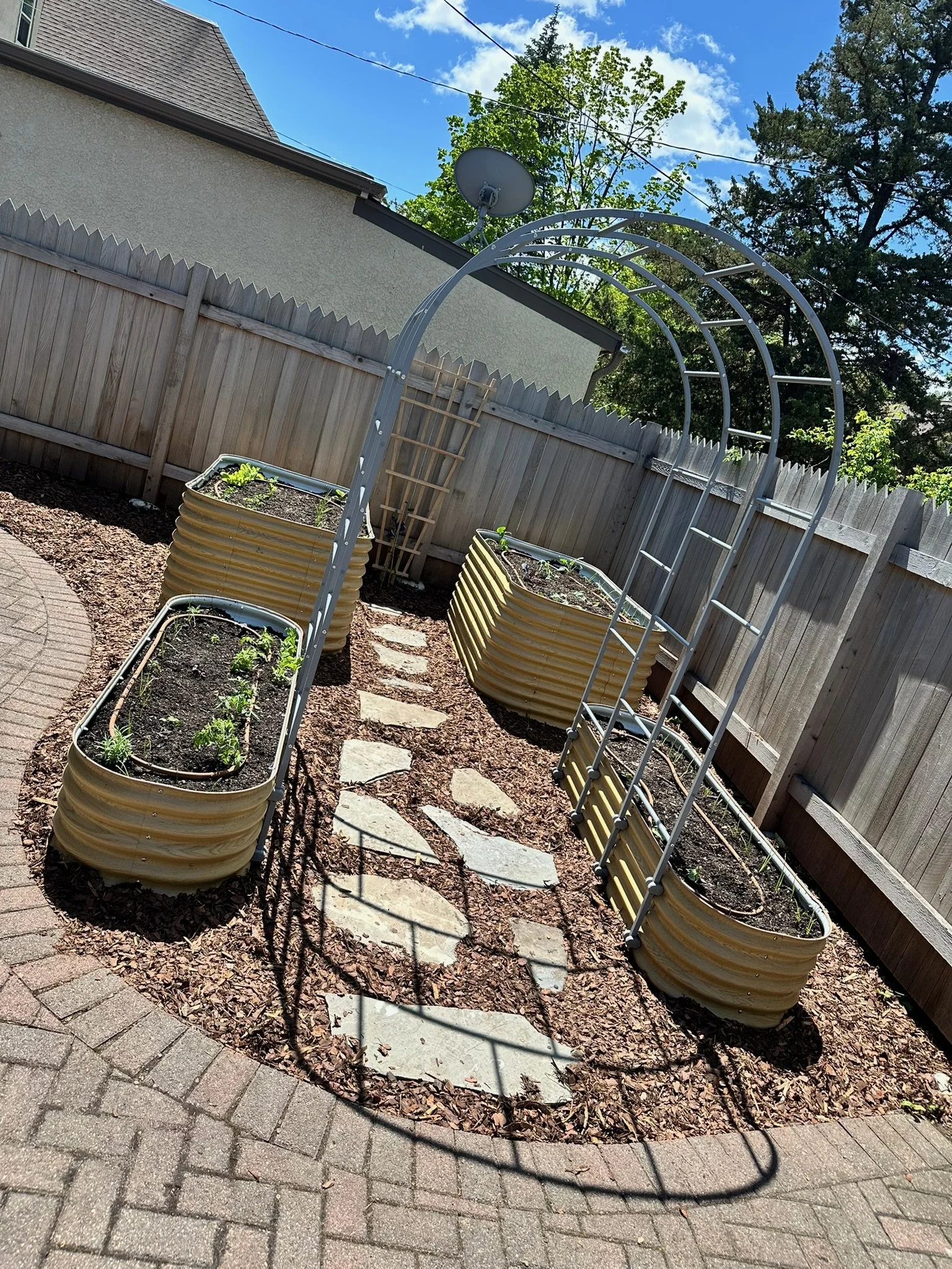 A backyard garden with two large yellow metal planters containing soil and small plants, a small wooden ladder, a metal arch frame, and a stone pathway on dry soil, enclosed by a wooden fence, with a house, trees, and a partly cloudy sky in the background.
