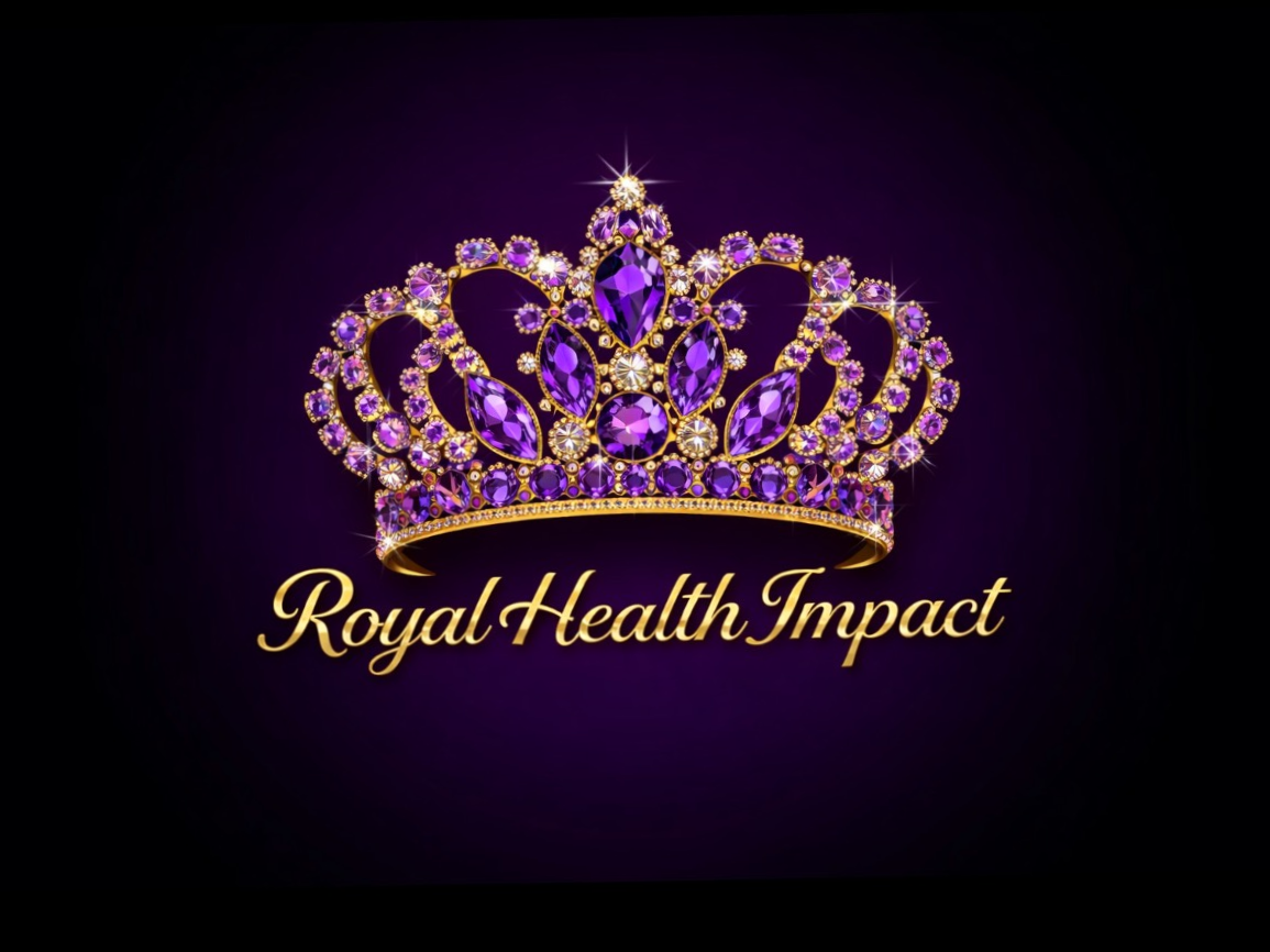 A purple and gold crown adorned with purple gemstones, with the words 'Royal Health Impact' in gold cursive text below it.