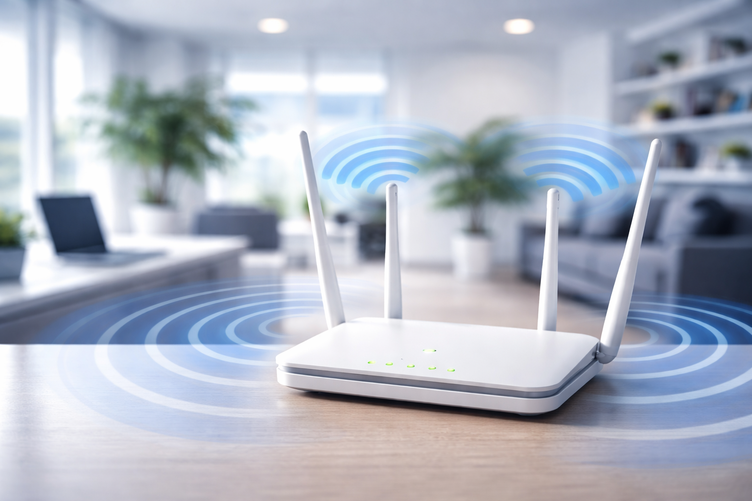 Wireless router with four antennas and Wi-Fi signals emanating from it, placed on a wooden table in a bright, modern room with large windows, plants, and shelves.