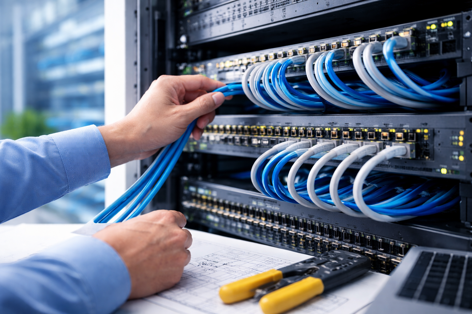 A technician working on network cables in a server rack, with tools and technical drawings nearby.