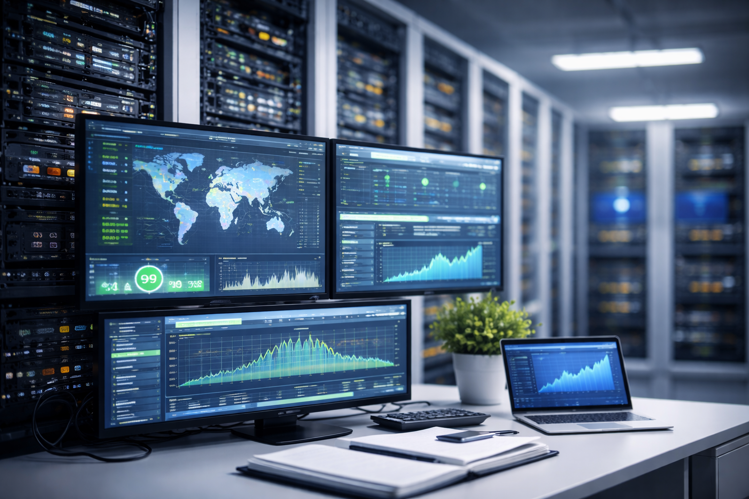 A data analyst's workspace with multiple monitors displaying world maps, graphs, and data visualizations, in a server room with racks of servers in the background.