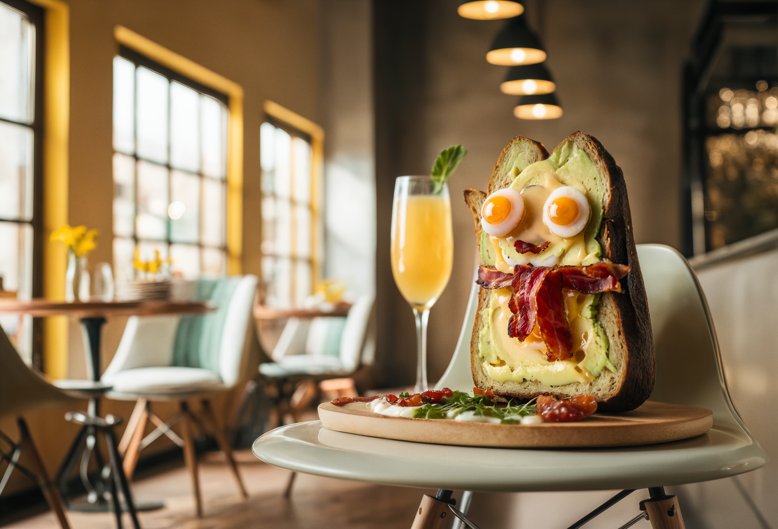 A humorous sandwich shaped like a face with two fried eggs as eyes, avocado slices, cheese, bacon, and bread, served on a wooden board with a side of sauce and greens. A glass of orange juice with a mint garnish is next to it, set in a bright, modern cafe.