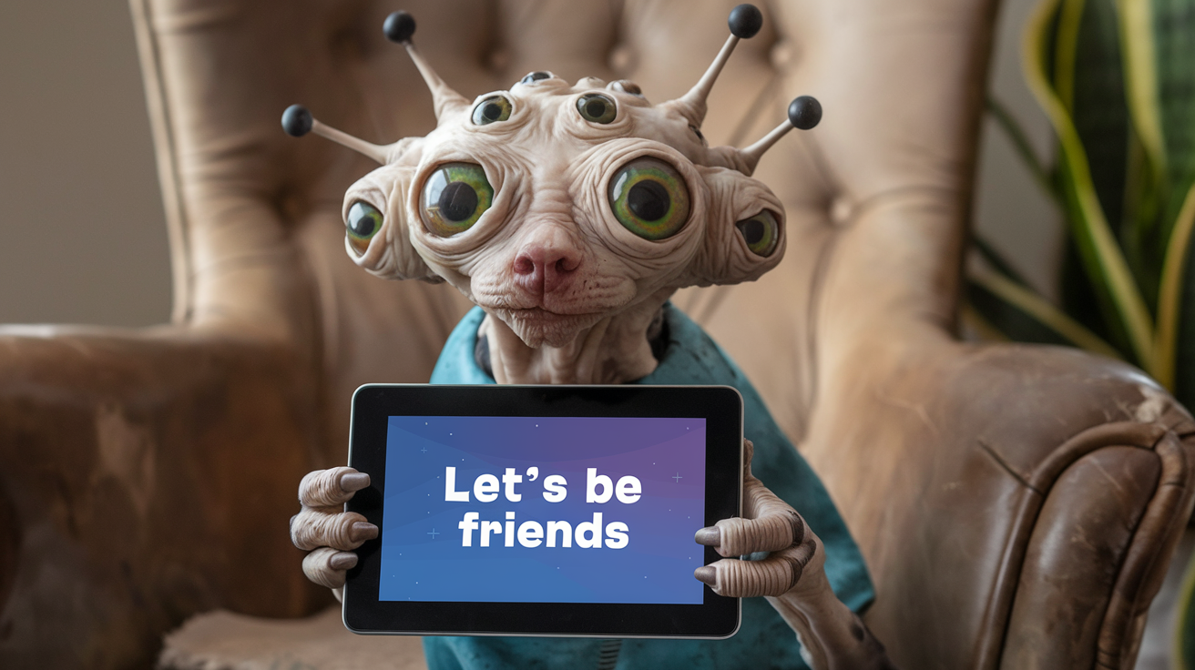 An alien with multiple eyes and antennae sitting in a leather armchair, holding a tablet that says 'Let's be friends'