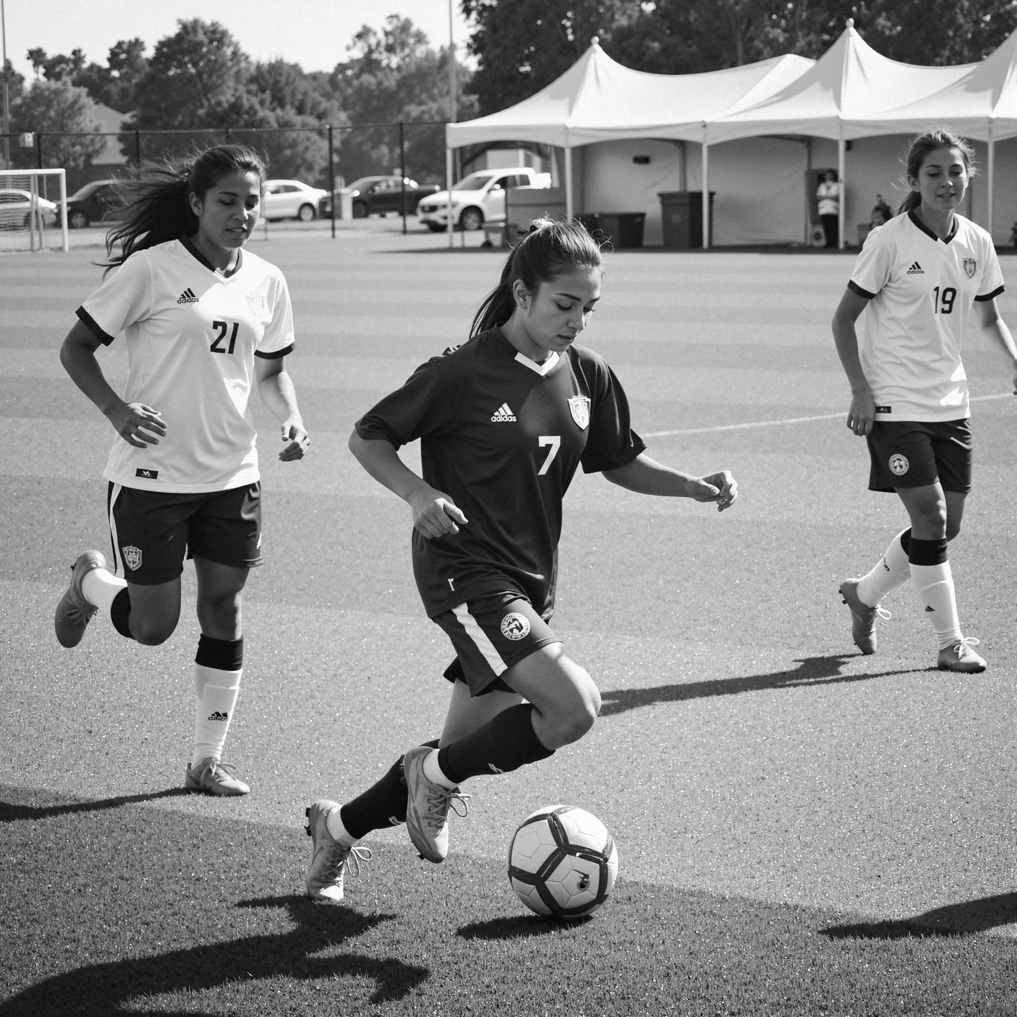 Three female soccer players on a field, one in dark jersey with number 7 controlling the ball, and two in white jerseys with numbers 21 and 19 running nearby on a sunny day.