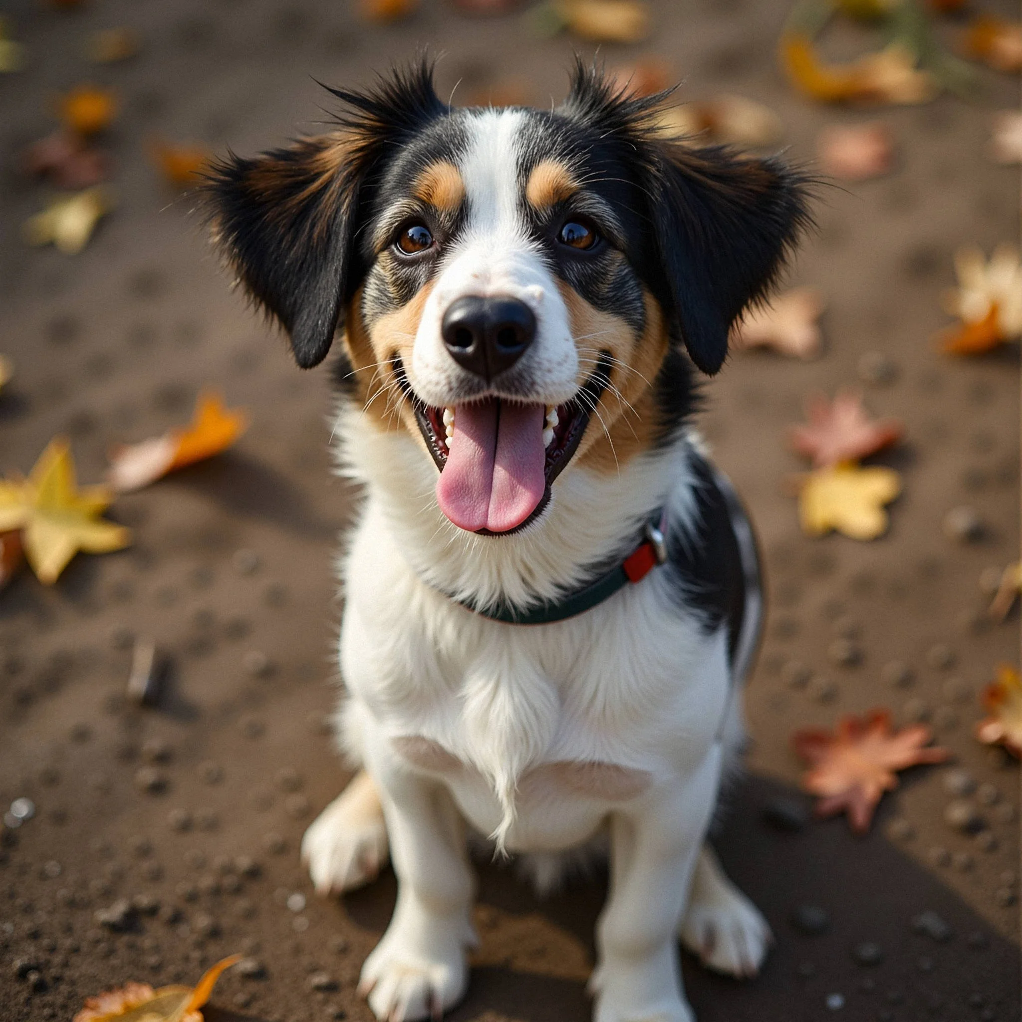 Happy black, white, and tan dog sitting on dirt ground with scattered fallen autumn leaves.