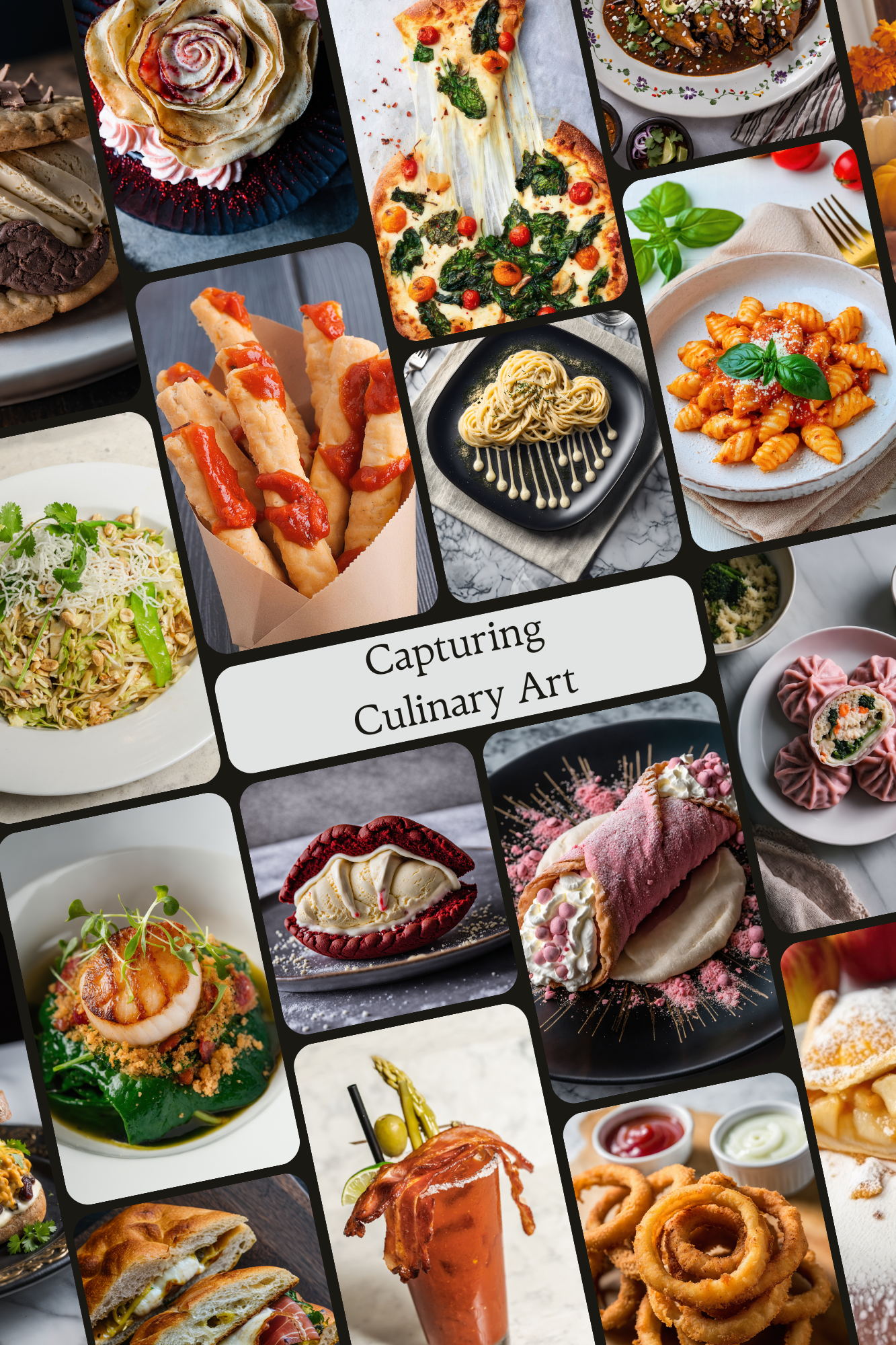A collage of various American cuisine dishes including a cinnamon roll, pizza, pasta, tacos, fried foods, salads, desserts, and beverages, with the text 'Capturing Culinary Art' in the center.