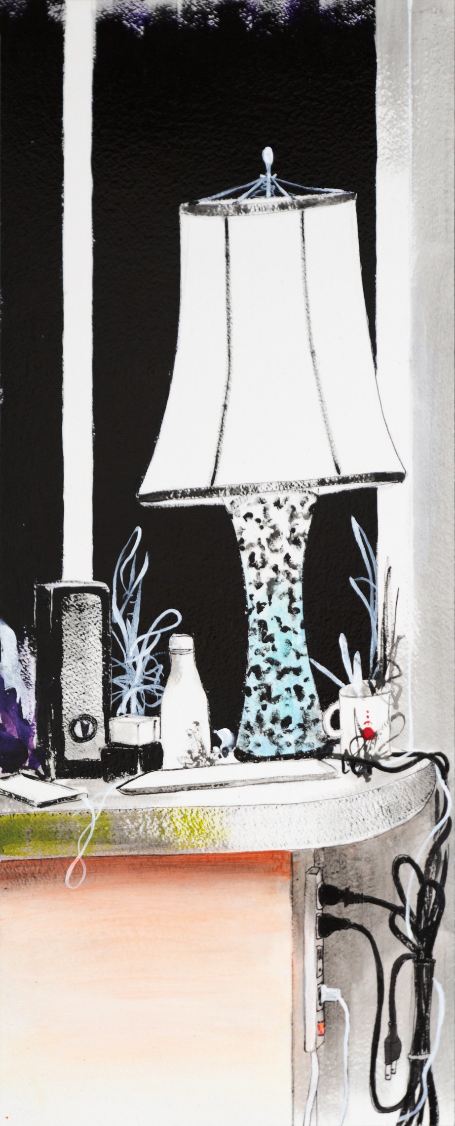 A black and white painting of a table with a lamp, plants, a bottle, a speaker, and other objects, with various cables and cords plugged into a power strip.