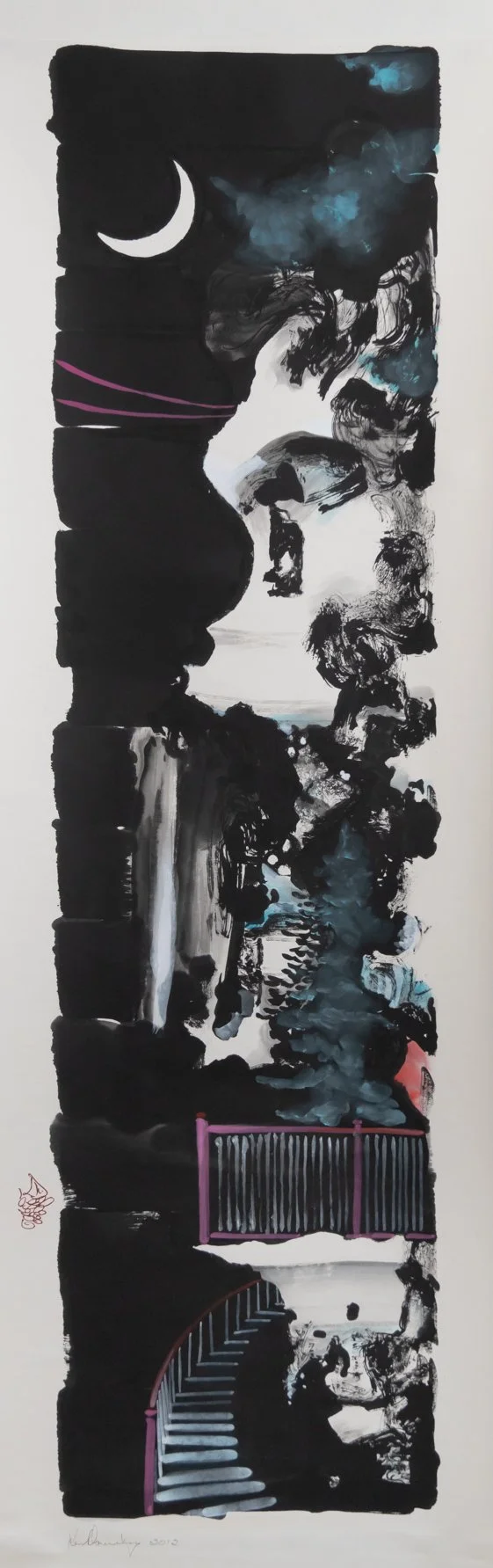 Abstract artwork featuring a black background with a moon in the upper left, swirling clouds, and various black and blue ink-like shapes. Pink lines and a pink railing are also visible.