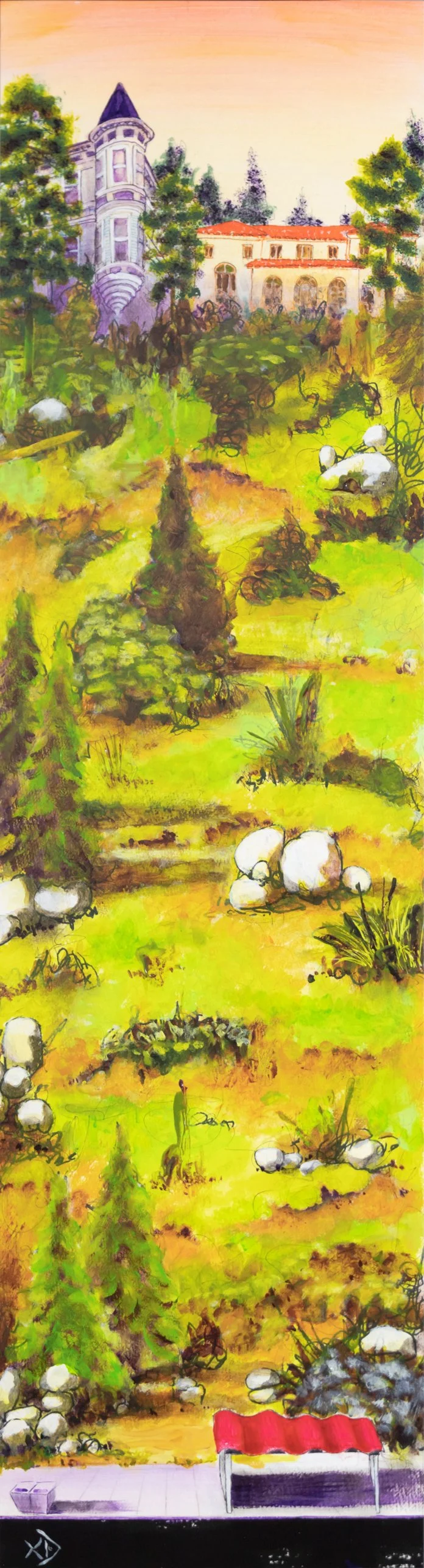 A colorful painting of a garden with a winding path, trees, shrubs, and rocks, leading up to a large, elegant house with a turret in the background, with a red roof and multiple windows. There is a bench on a patio at the bottom of the image.