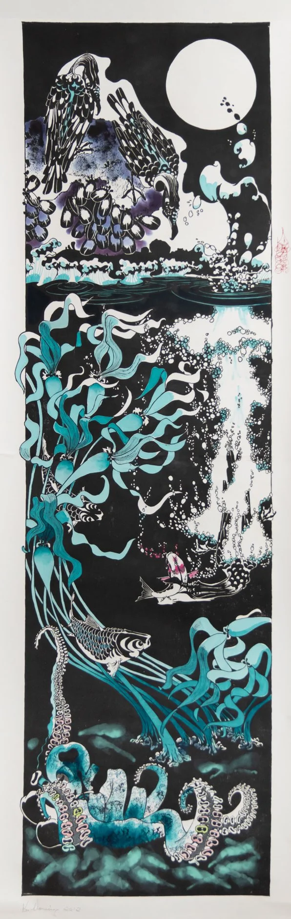 A black and white ink wash painting featuring an underwater scene with aquatic plants, fish, an octopus, and a large moon in the sky.