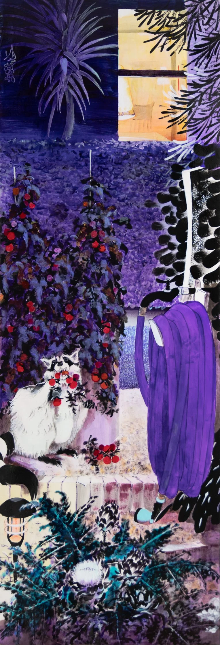 A colorful painting depicting a garden scene with a white cat near a large purple bush with red berries, purple trees, and plants. A person dressed in purple overalls and blue shoes stands nearby, with plants and decorative lanterns in the background