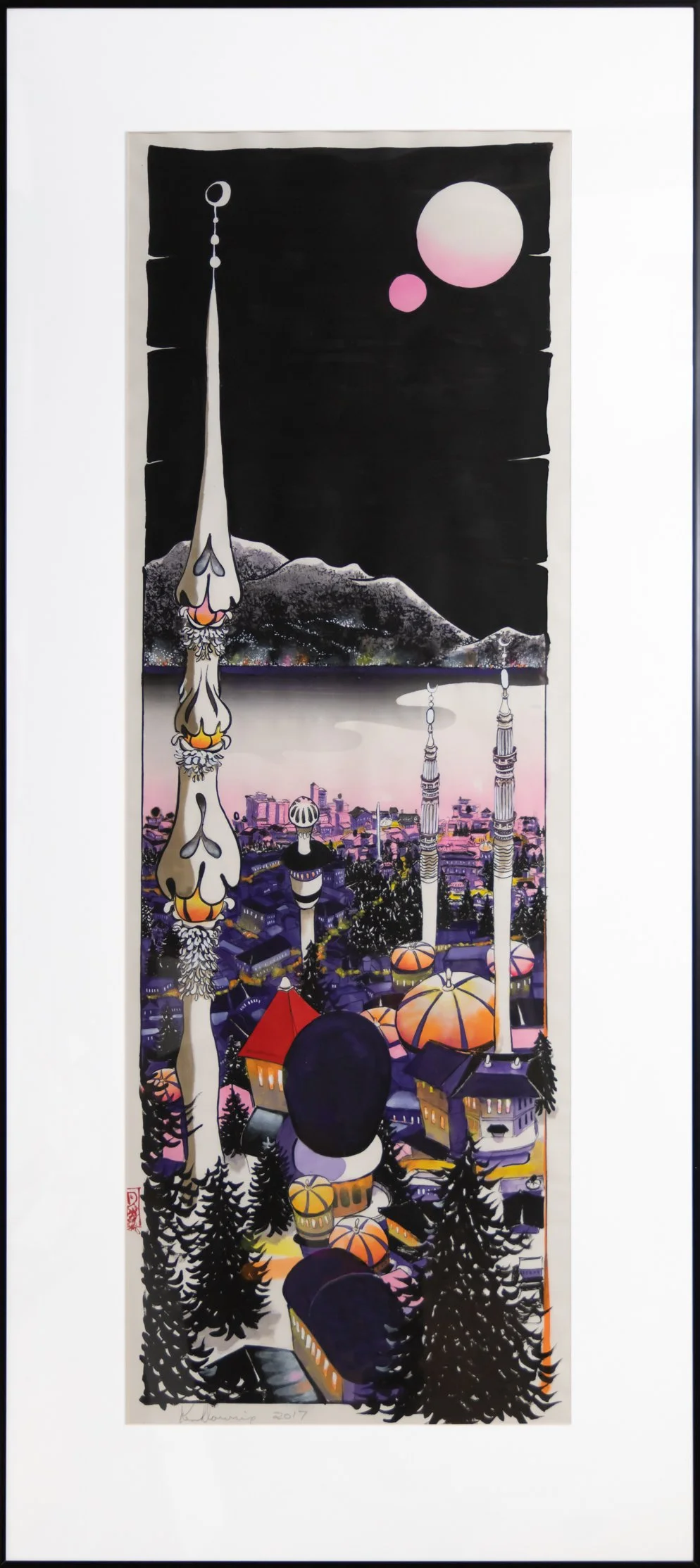 Painting of a cityscape at dusk with a mountain in the background and large abstract structures resembling rockets or towers, under a black sky with two pinkish-white moons.