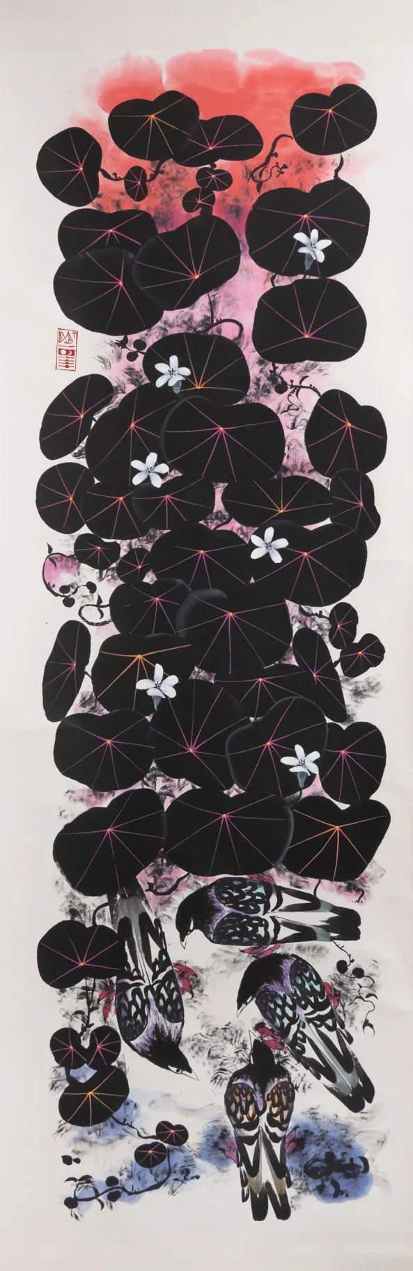 A vertical painting depicts black lily pads with pink lines on water, with white flowers, butterflies, and two birds at the bottom, against a pink and black background.