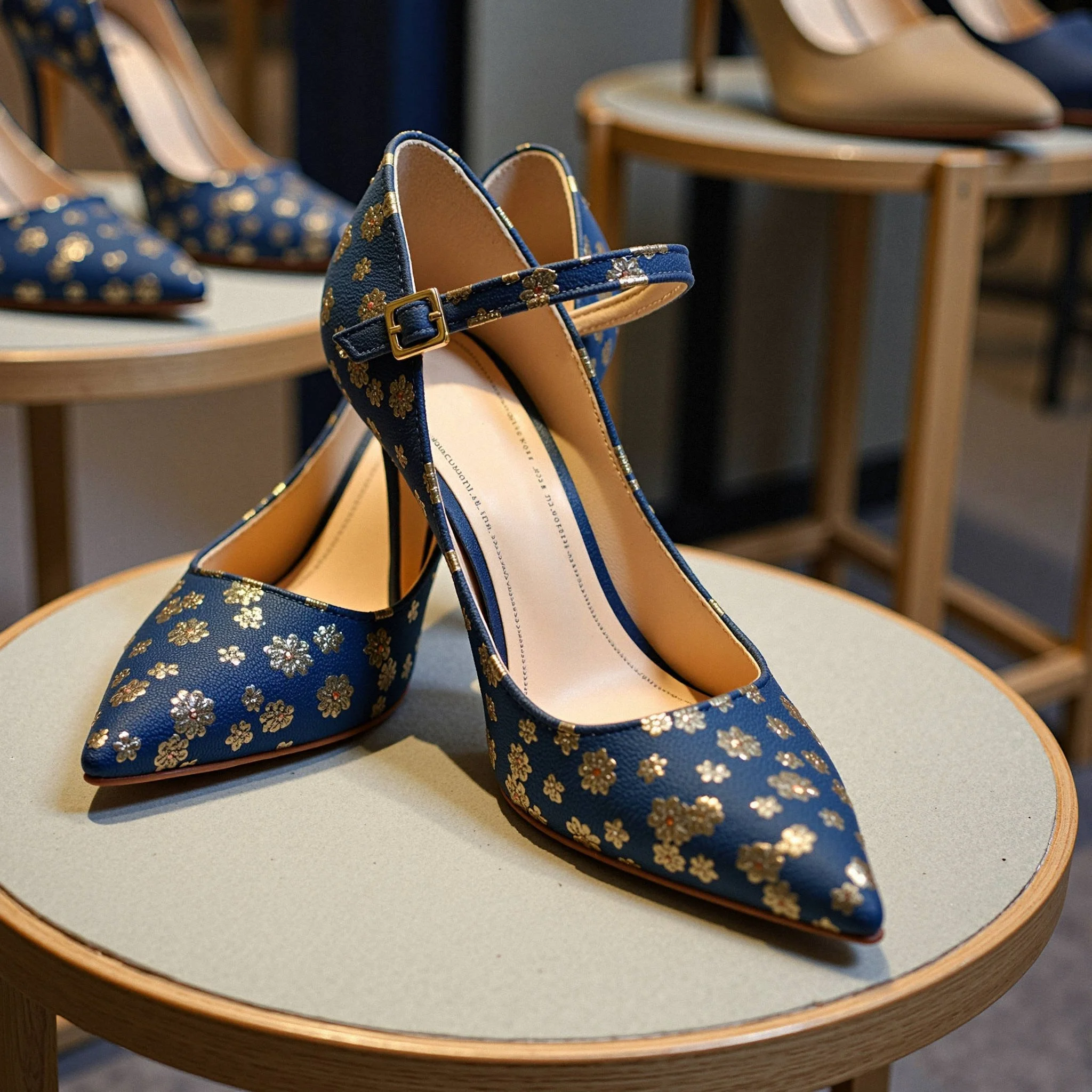 Pair of blue high-heeled shoes with gold and silver floral patterns on a display table.