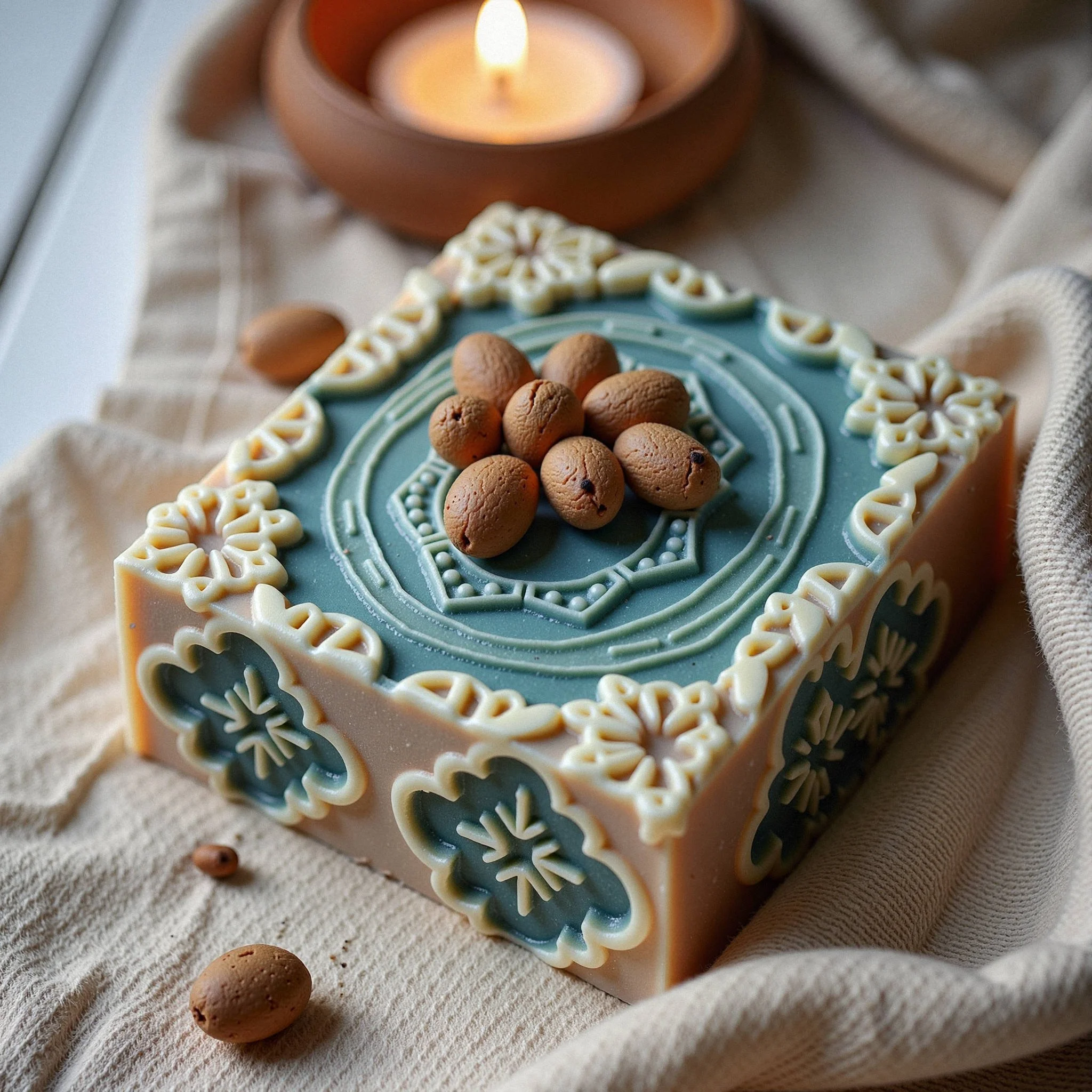 Decorative soap with a blue and cream snowflake design and small almond-like objects on top, surrounded by a beige cloth and a lit candle in the background.