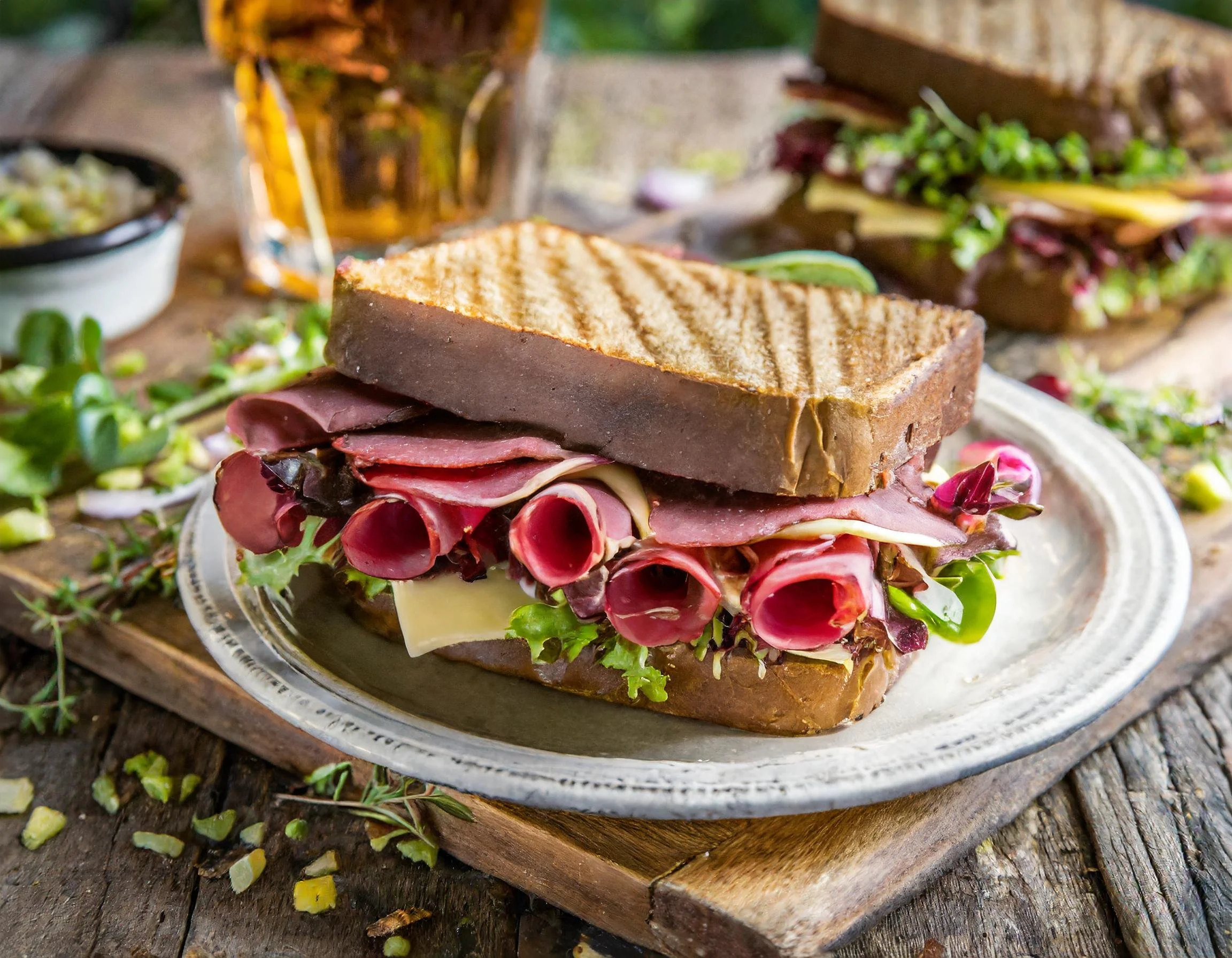 pastrami sandwich with beer - Picnic photography
