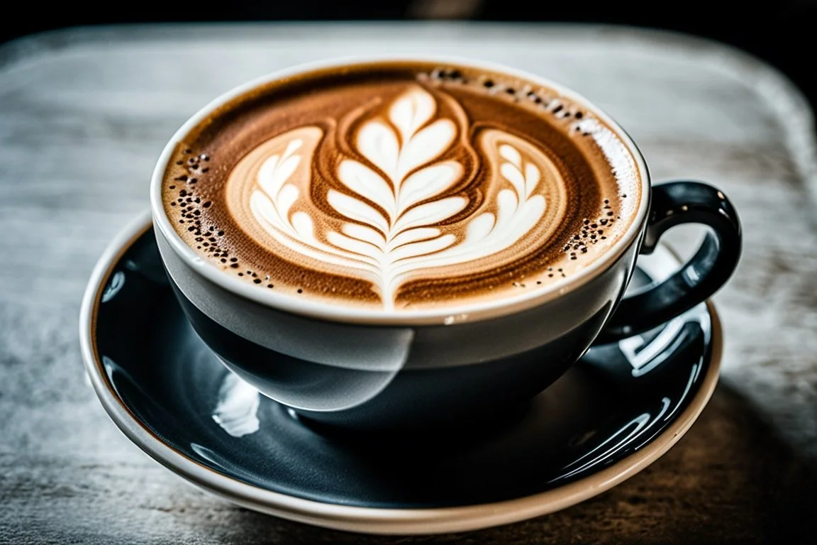 cappuccino art in a black cup - drink photography