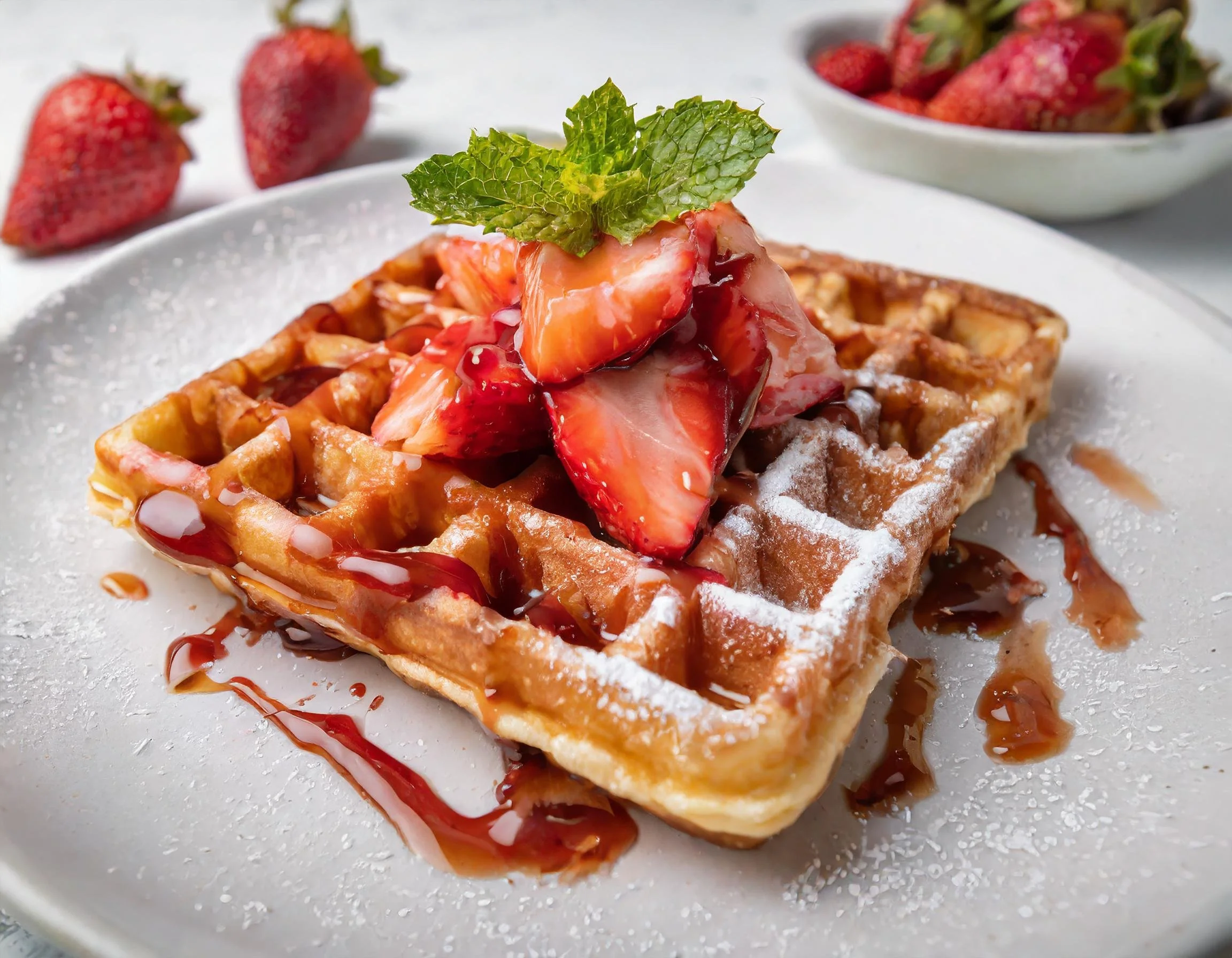 waffle with strawberry and maple syrup food photography by SF Content Creator