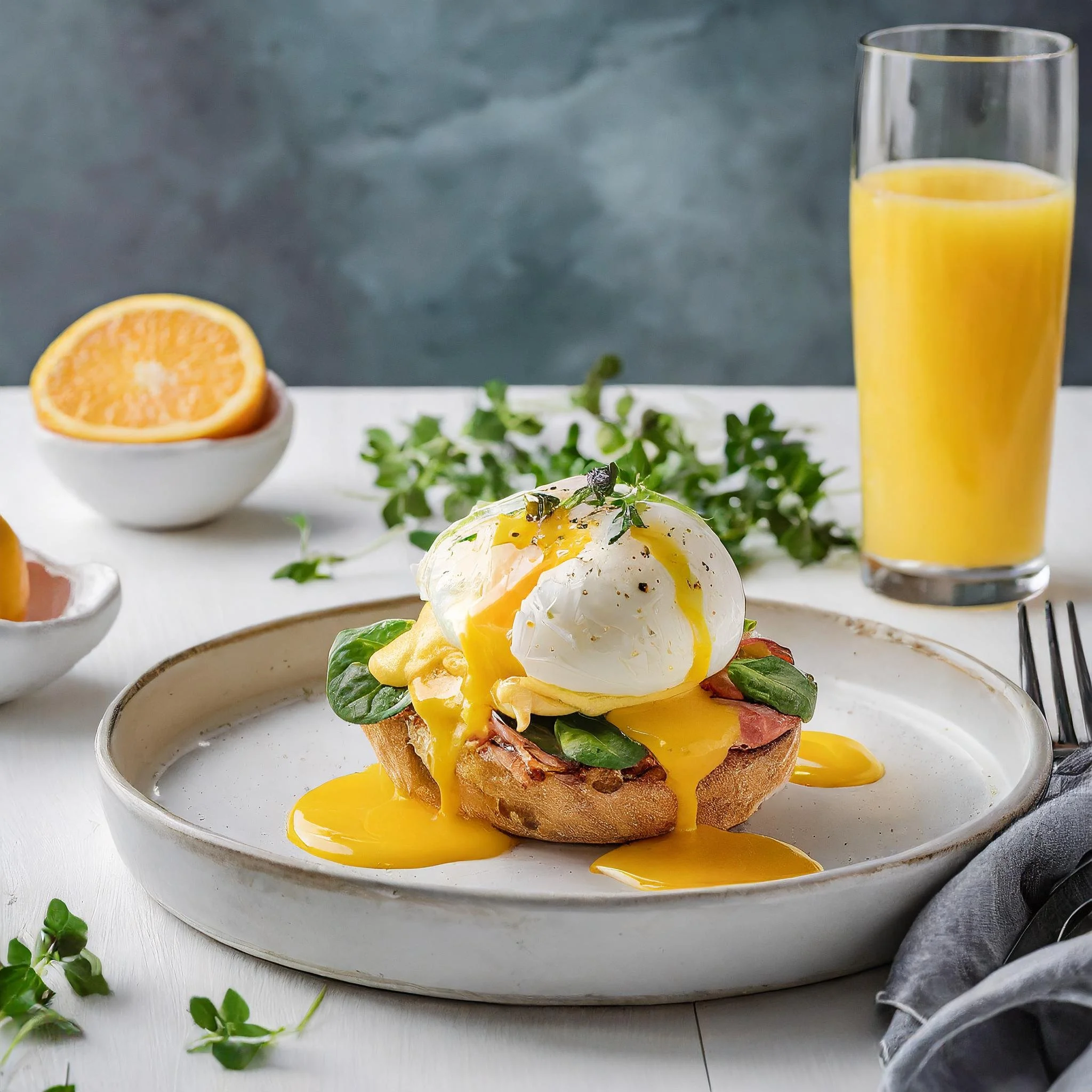 eggs benedict brunch with orange juice - Food styling photography