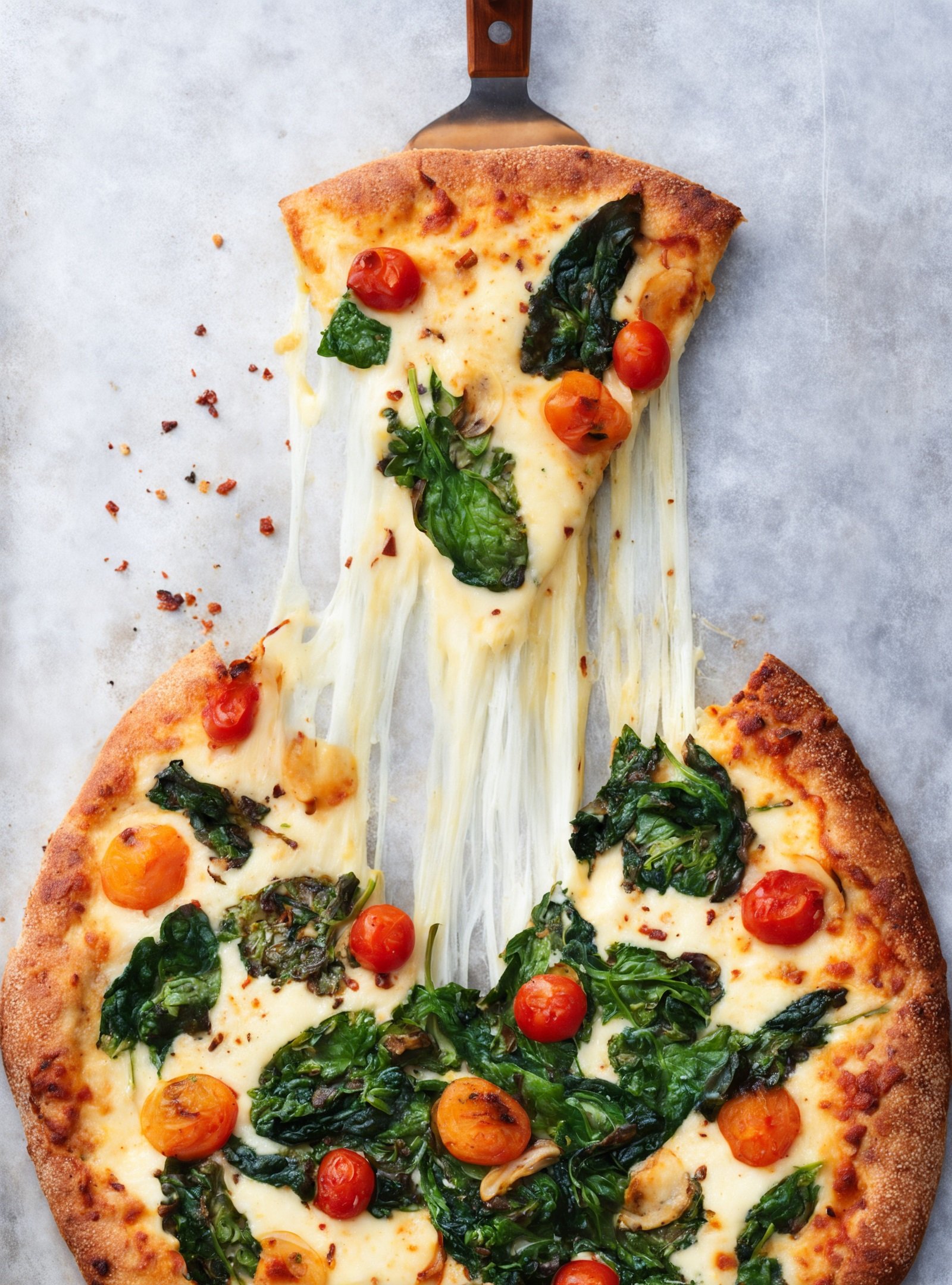 pizza with spinach on bright background - pizza stock photo for restaurants 
