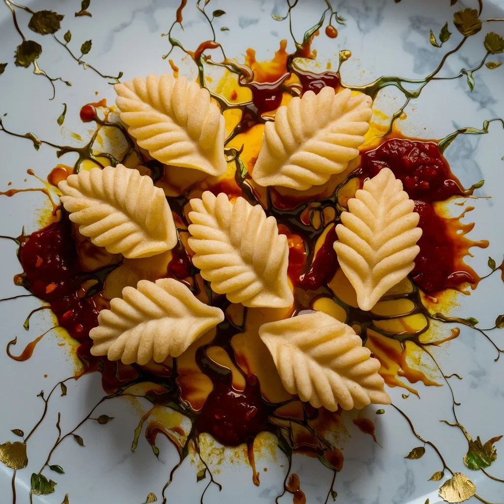 close up of gnocchi in the shape of leaves with marinara sauce  by SF Content Creator